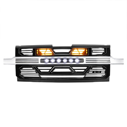 Armor Front Grille W/ Off-Road Lights & Amber Lights - Chrome Glossy Black For 2019-2021 Chevy Silverado 1500| Amoffroad