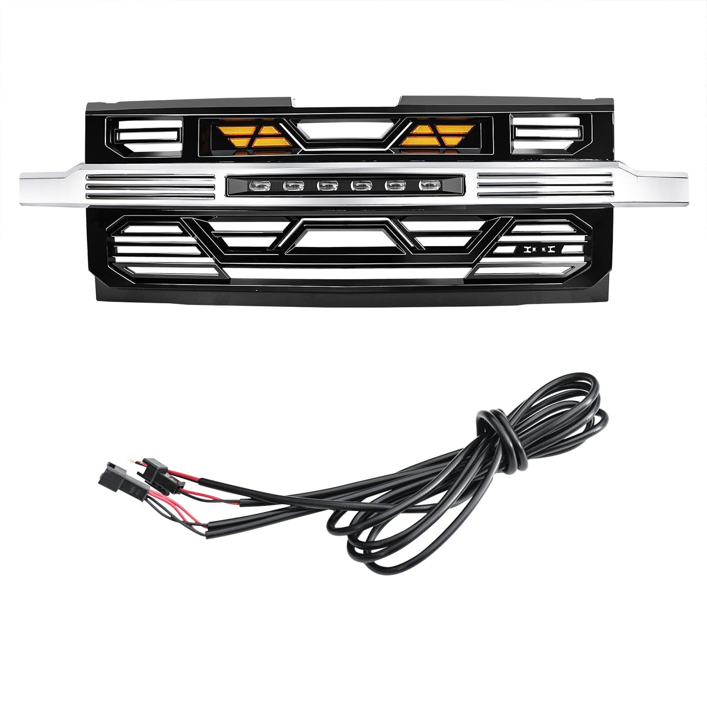 Armor Front Grille W/ Off-Road Lights & Amber Lights - Chrome Glossy Black For 2019-2021 Chevy Silverado 1500| Amoffroad