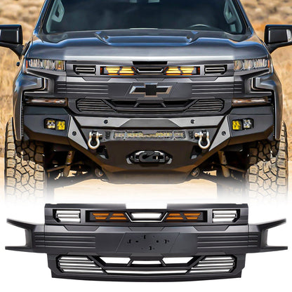 Armor Grille W/ Amber Lights & Emblem Holder - Matte Black For 2019-2021 Chevy Silverado 1500|Amoffroad