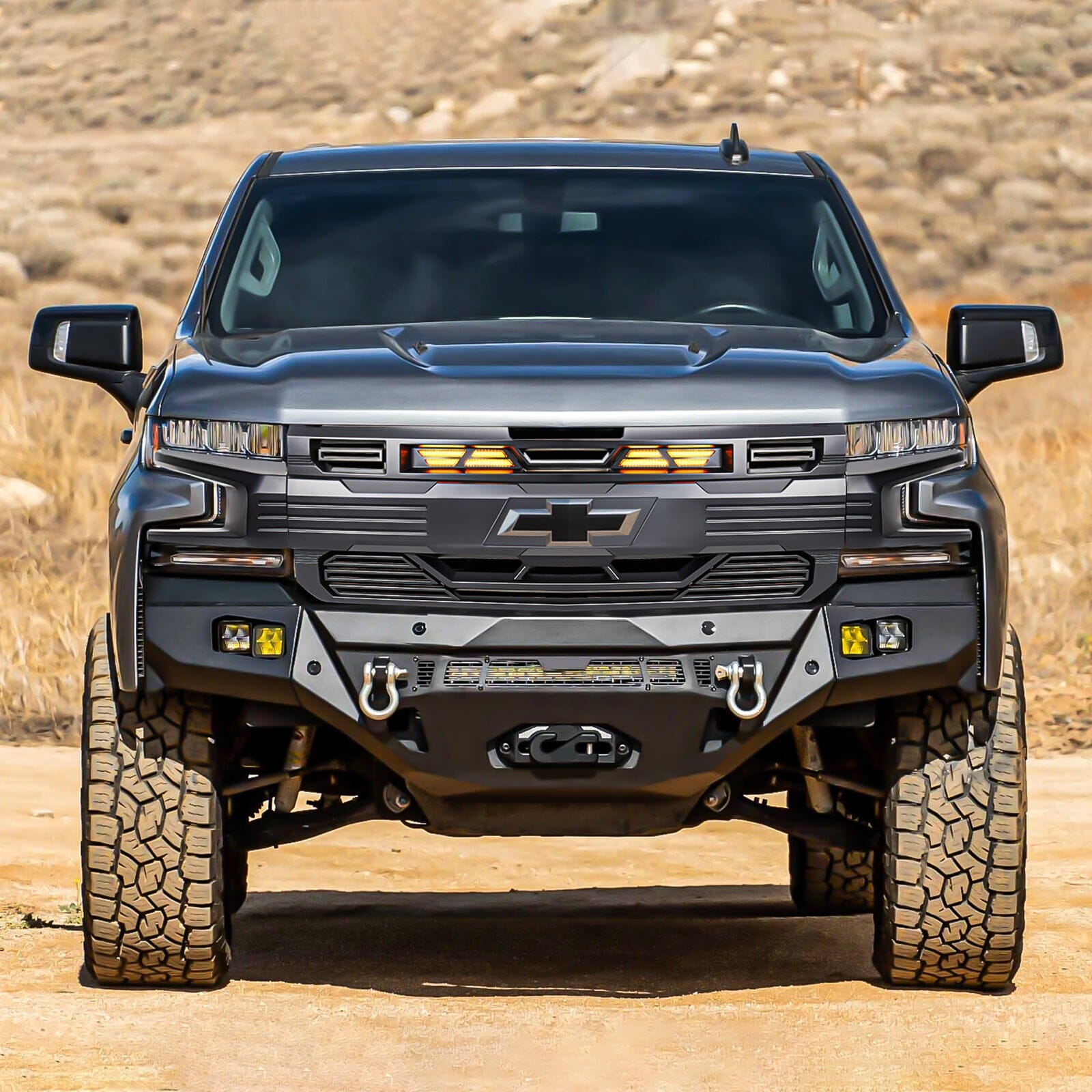 Armor Grille W/ Amber Lights & Emblem Holder - Matte Black For 2019-2021 Chevy Silverado 1500|Amoffroad