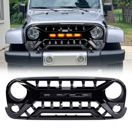 Armor Grille W/ Amber Lights - Glossy Black for 07-18 Jeep Wrangler JK | Amoffroad