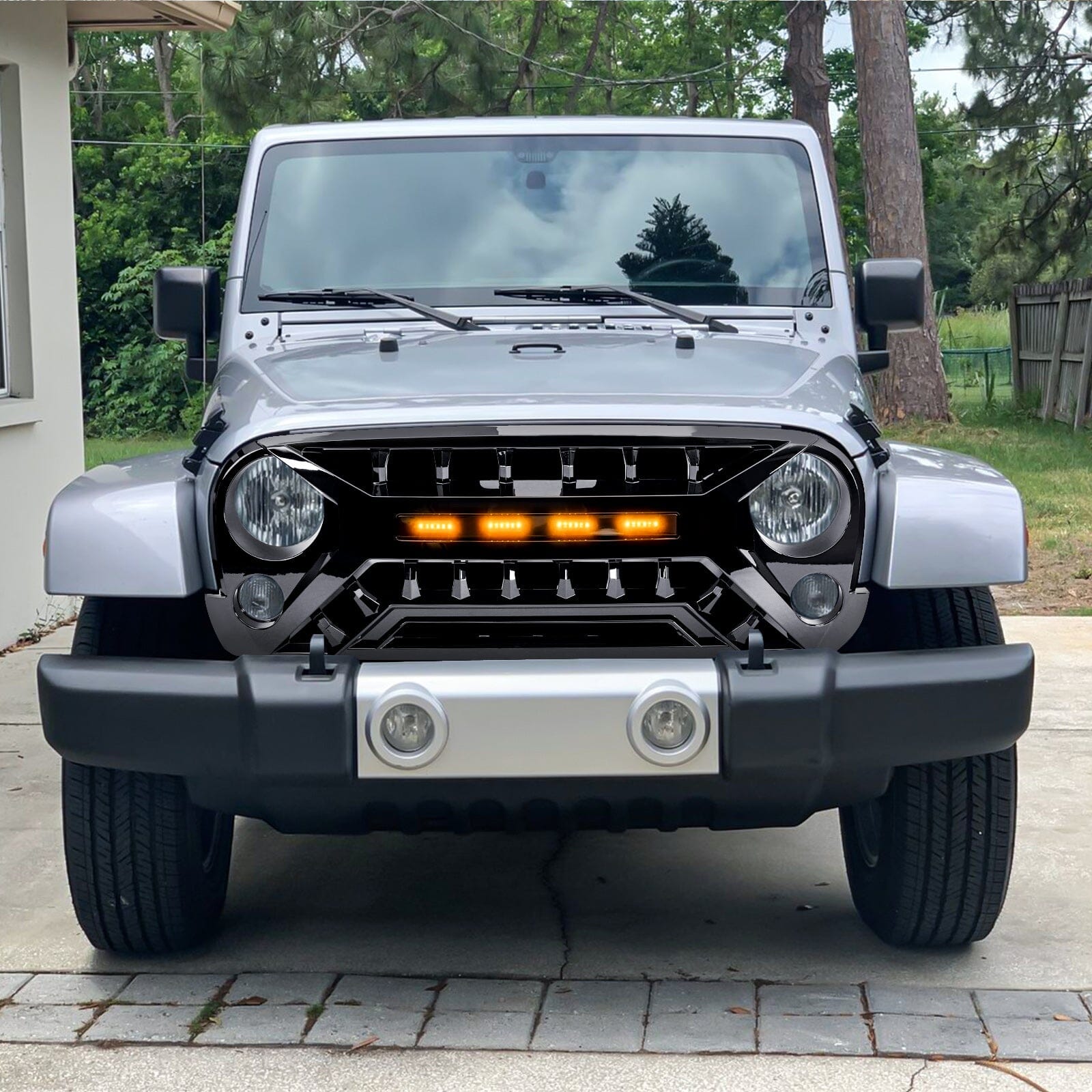 Armor Grille W/ Amber Lights - Glossy Black for 07-18 Jeep Wrangler JK | Amoffroad