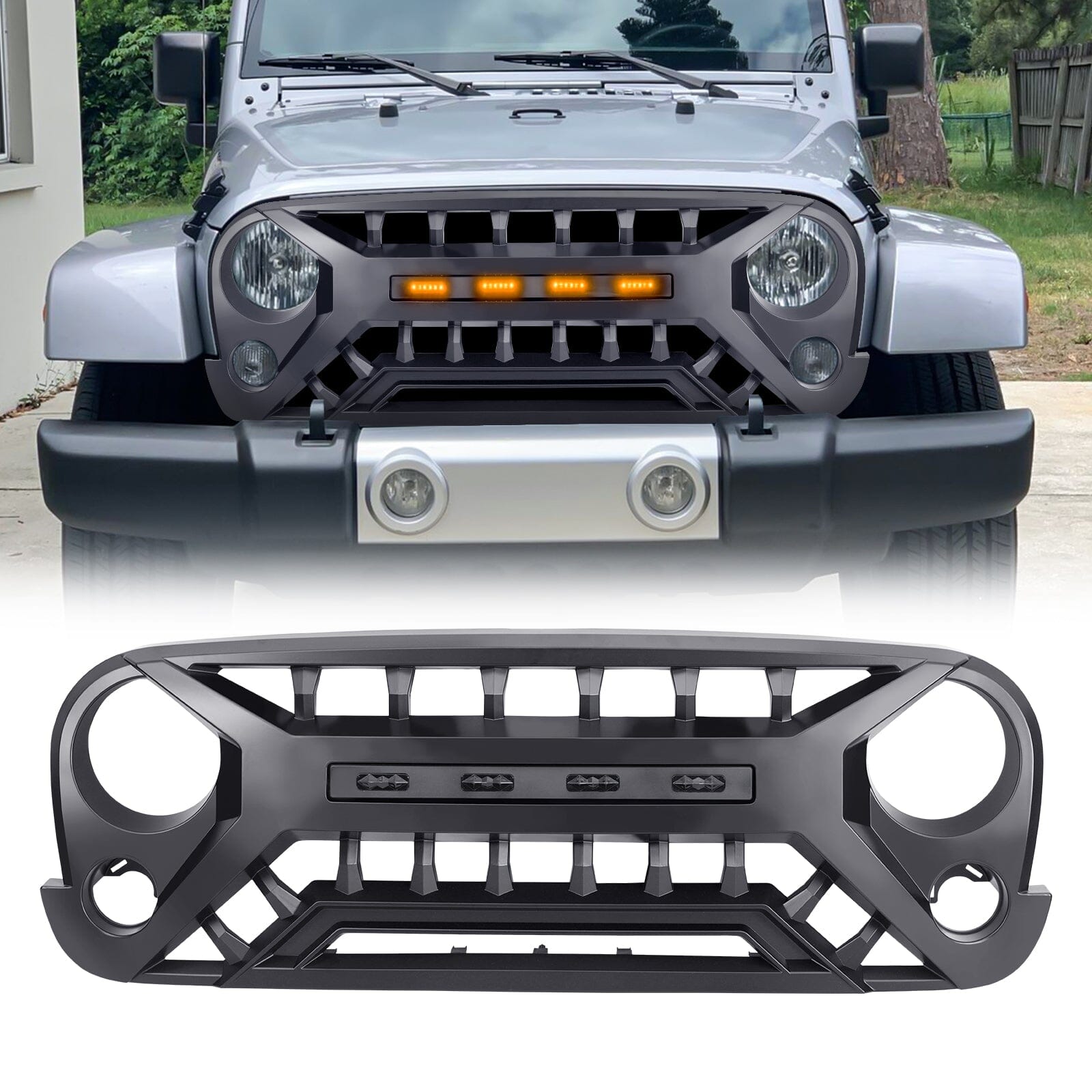 Armor Grille W/ Amber Lights - Matte Black for 07-18 Jeep Wrangler JK | Amoffroad