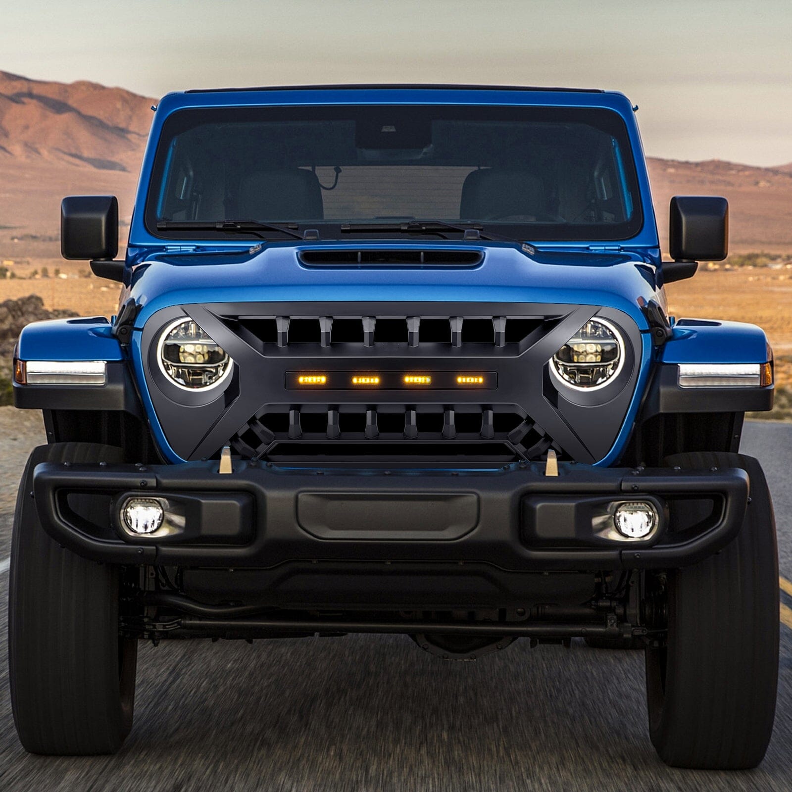 Armor Grille W/ Amber Lights - Matte Black For 18-23 Jeep Wrangler JL & Gladiator JT | Amoffroad