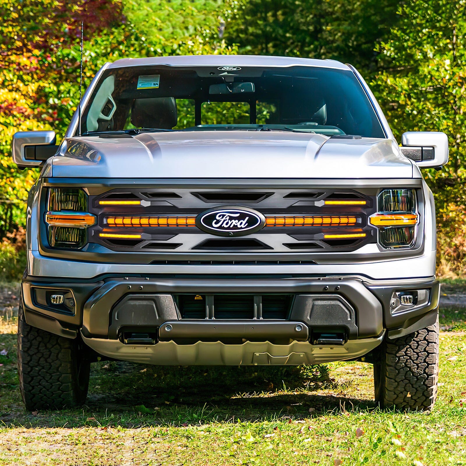 Armor Grille w/ DRL, Amber Lights & OEM Emblem Hole - Matte Black For 24+ Ford F150 Tremor | Amoffroad