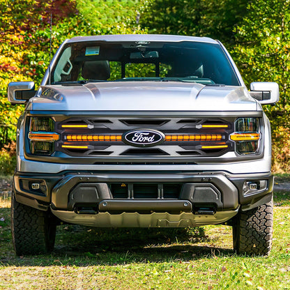 Armor Grille w/ DRL, Amber Lights & OEM Emblem Hole - Matte Black For 24+ Ford F150 Tremor | Amoffroad