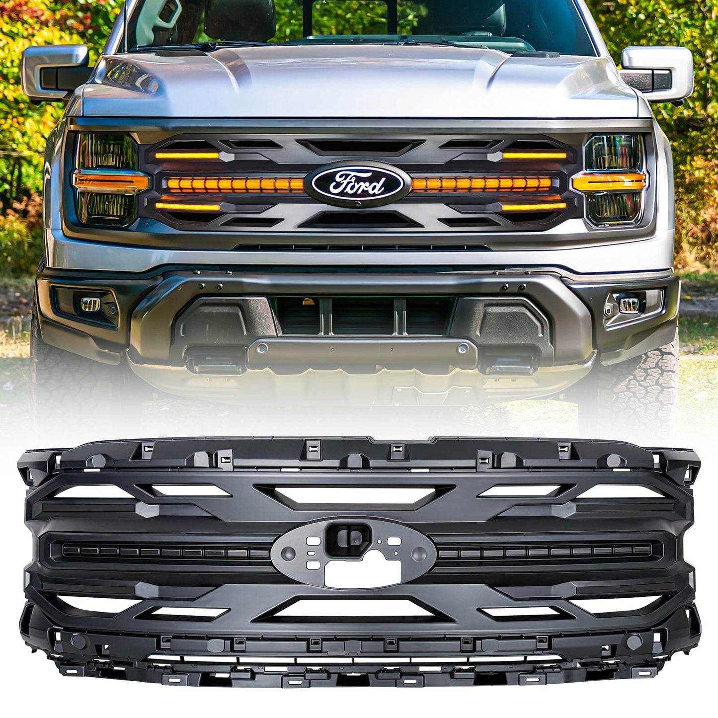 Armor Grille w/ DRL, Amber Lights & OEM Emblem Hole - Matte Black For 24+ Ford F150 Tremor | Amoffroad