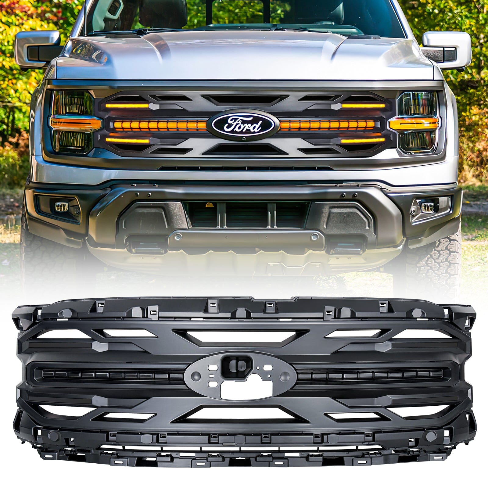 Armor Grille w/ DRL, Amber Lights & OEM Emblem Hole - Matte Black For 24+ Ford F150 Tremor | Amoffroad