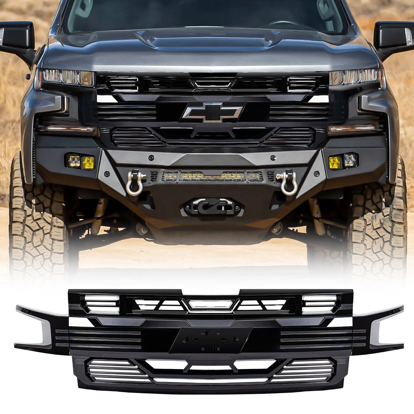 Armor Grille W/ Emblem Holder - Glossy Black For 2019-2021 Chevy Silverado 1500| Amoffroad