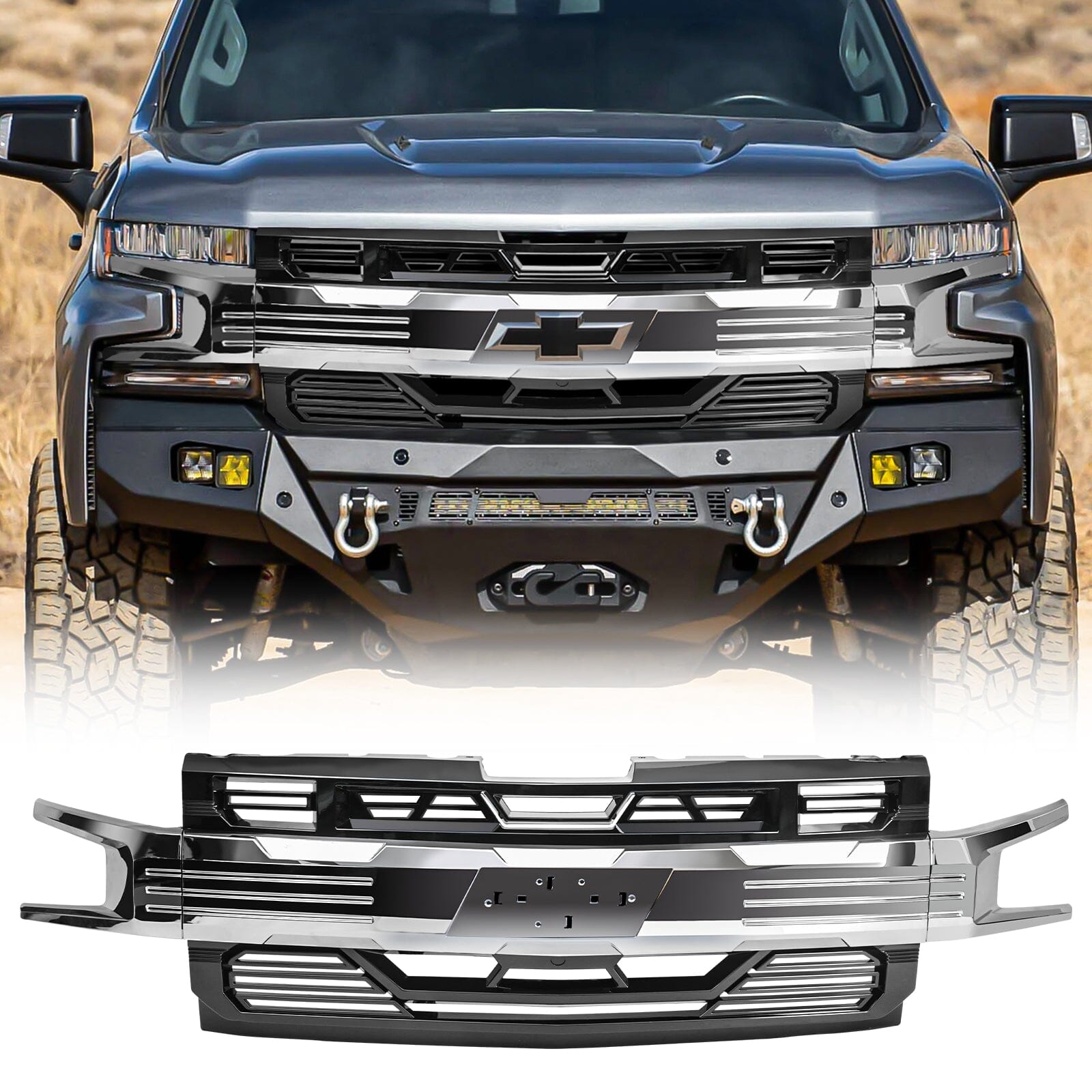 Armor Grille W/ Emblem Holder No Amber Lights - Chrome Glossy Black For 2019-2021 Chevy Silverado 1500| Amoffroad