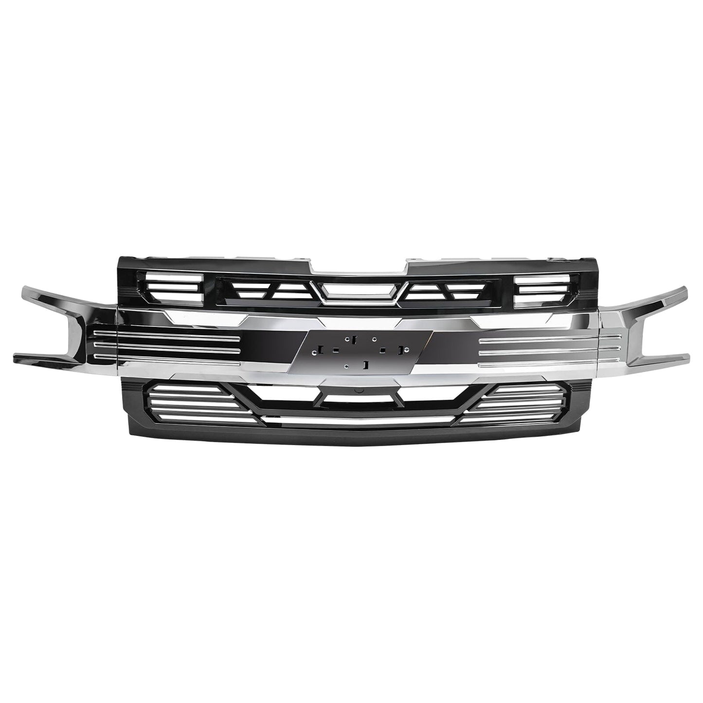 Armor Grille W/ Emblem Holder No Amber Lights - Chrome Glossy Black For 2019-2021 Chevy Silverado 1500| Amoffroad