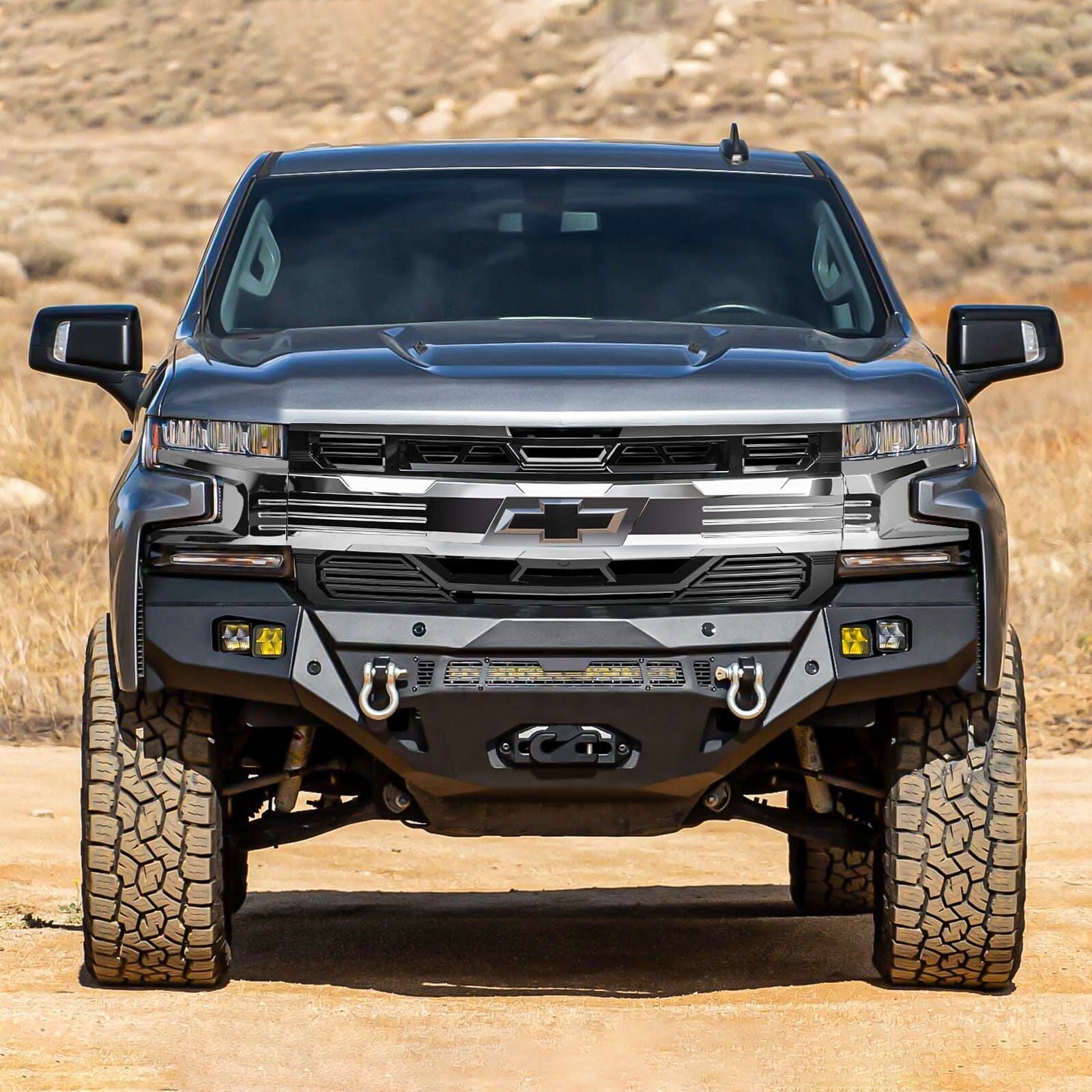 Armor Grille W/ Emblem Holder No Amber Lights - Chrome Glossy Black For 2019-2021 Chevy Silverado 1500| Amoffroad