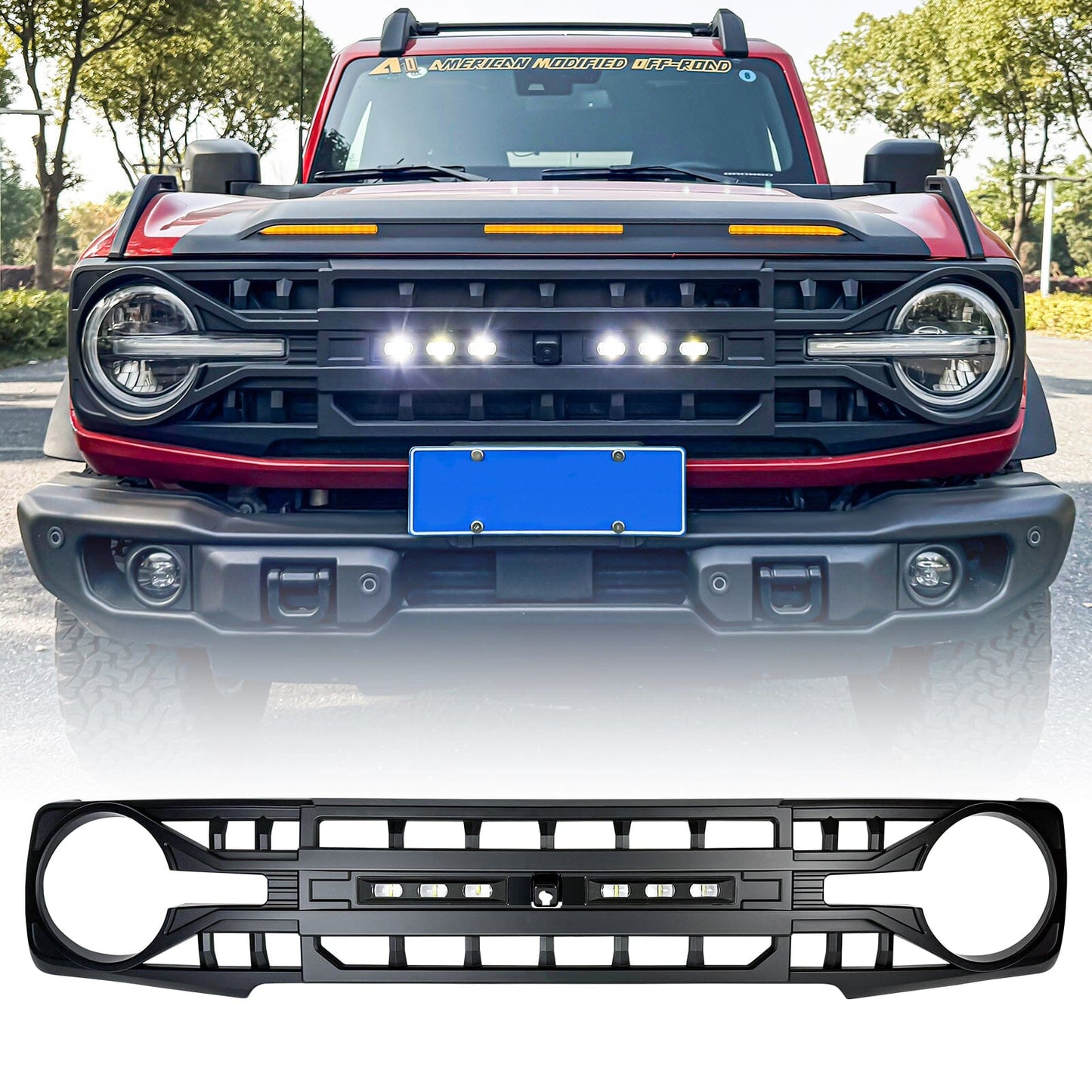 Armor Grille W/ Off-Road Lights & Camera Bracket - Matte Black For 21+ Ford Bronco | Amoffroad