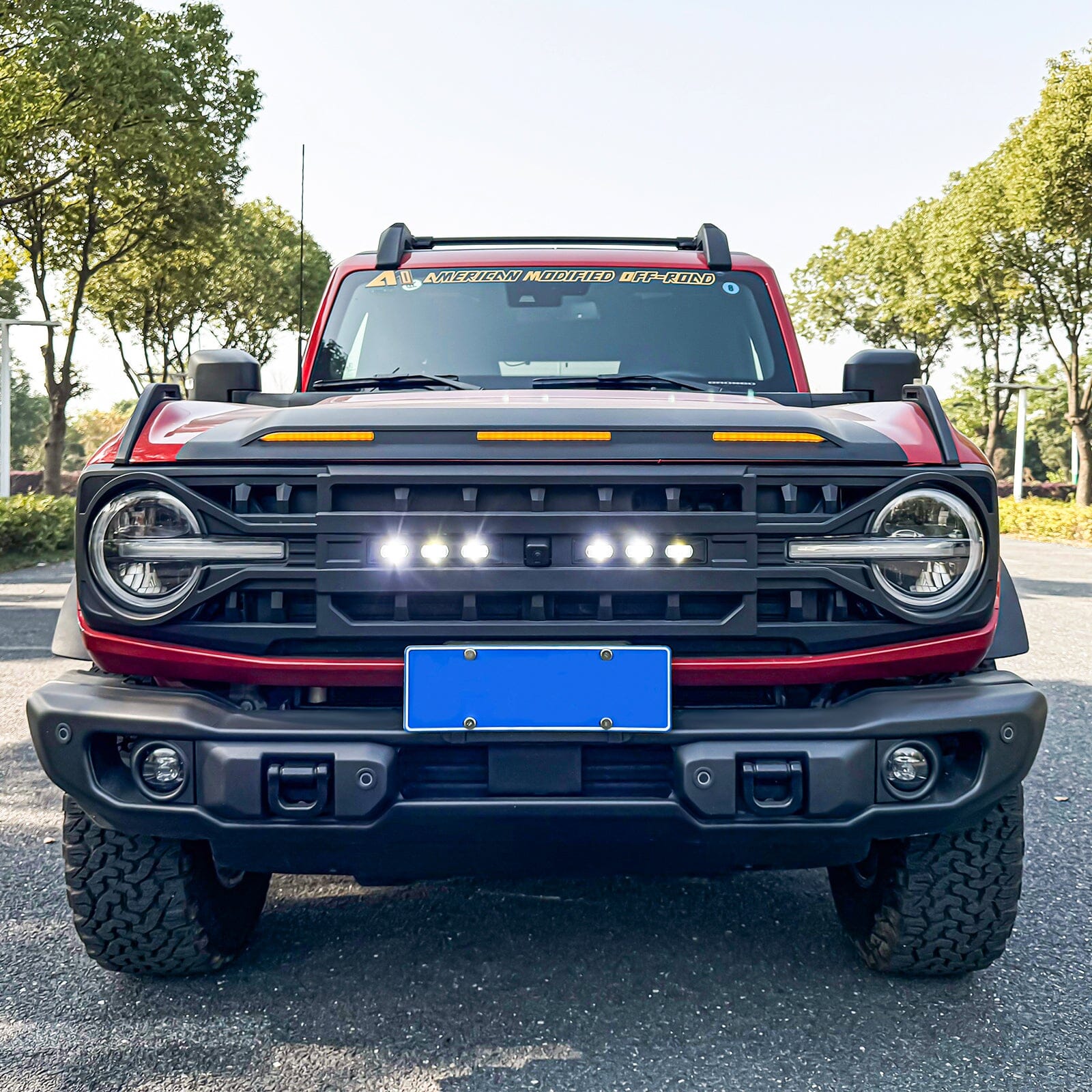 Armor Grille W/ Off-Road Lights & Camera Bracket - Matte Black For 21+ Ford Bronco | Amoffroad
