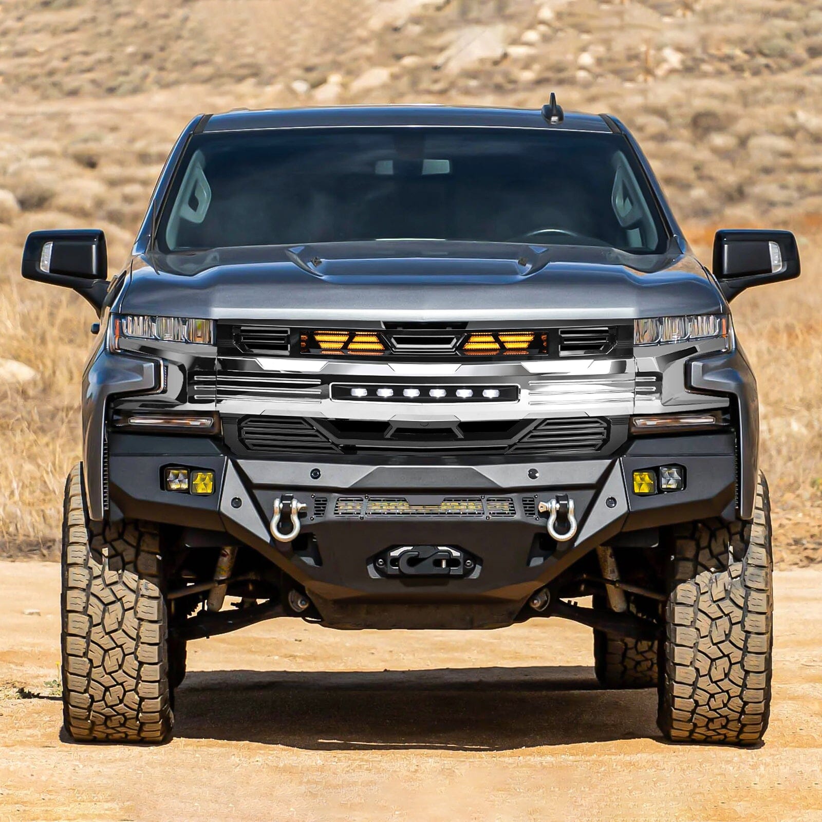 Armor Grille W/ Off-Road Lights - Chrome Glossy Black For 2019-2021 Chevy Silverado 1500 | Amoffroad