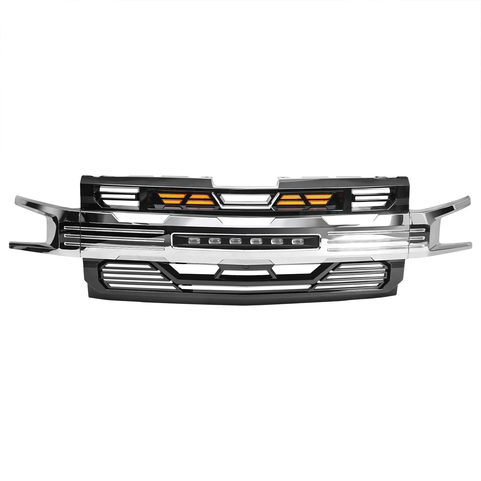 Armor Grille W/ Off-Road Lights - Chrome Glossy Black For 2019-2021 Chevy Silverado 1500 | Amoffroad