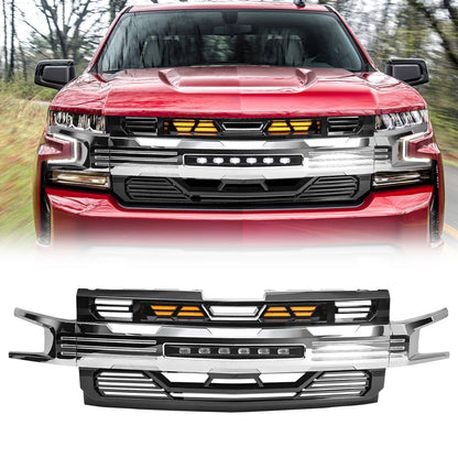 Armor Grille W/ Off-Road Lights - Chrome Glossy Black For 2019-2021 Chevy Silverado 1500 | Amoffroad