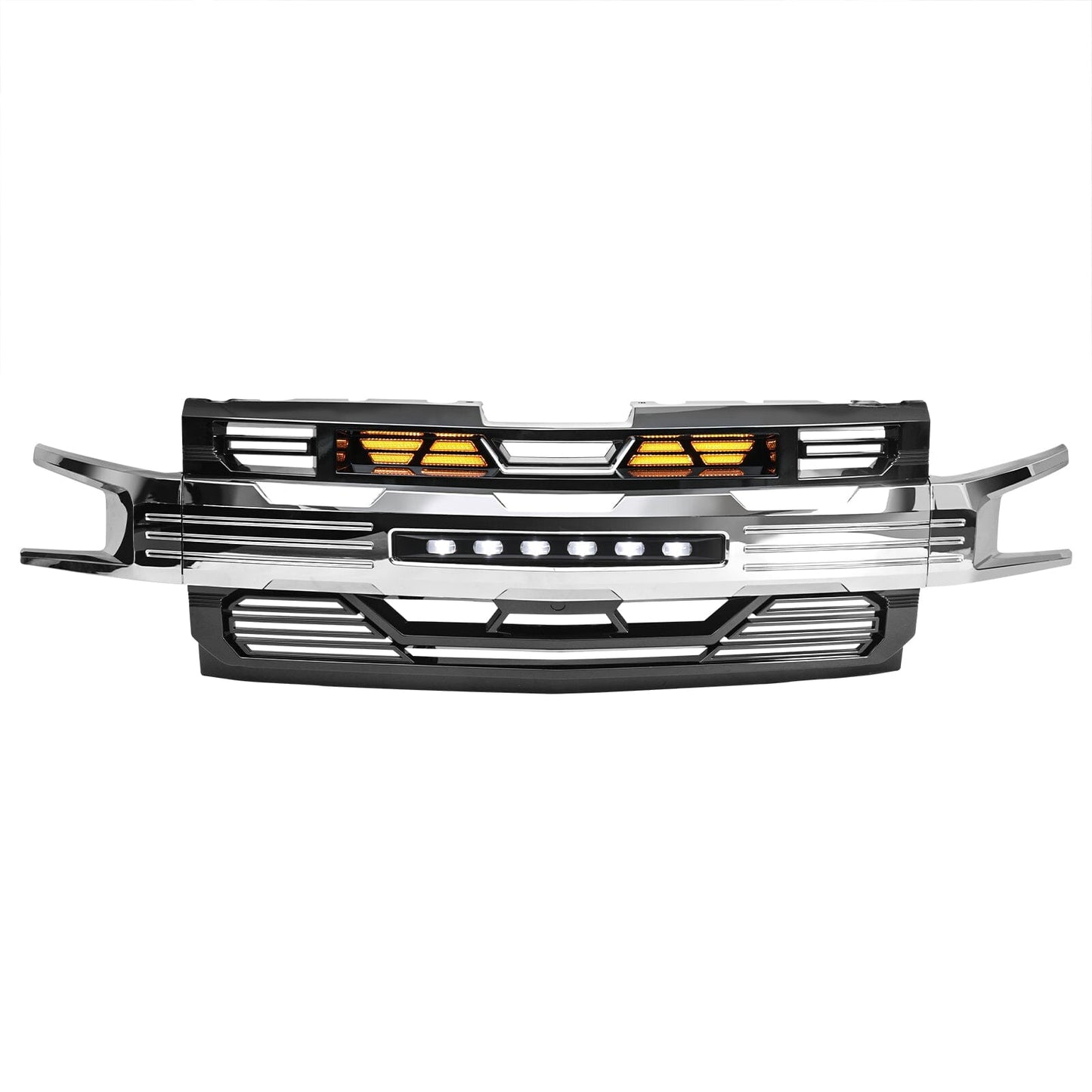 Armor Grille W/ Off-Road Lights - Chrome Glossy Black For 2019-2021 Chevy Silverado 1500 | Amoffroad