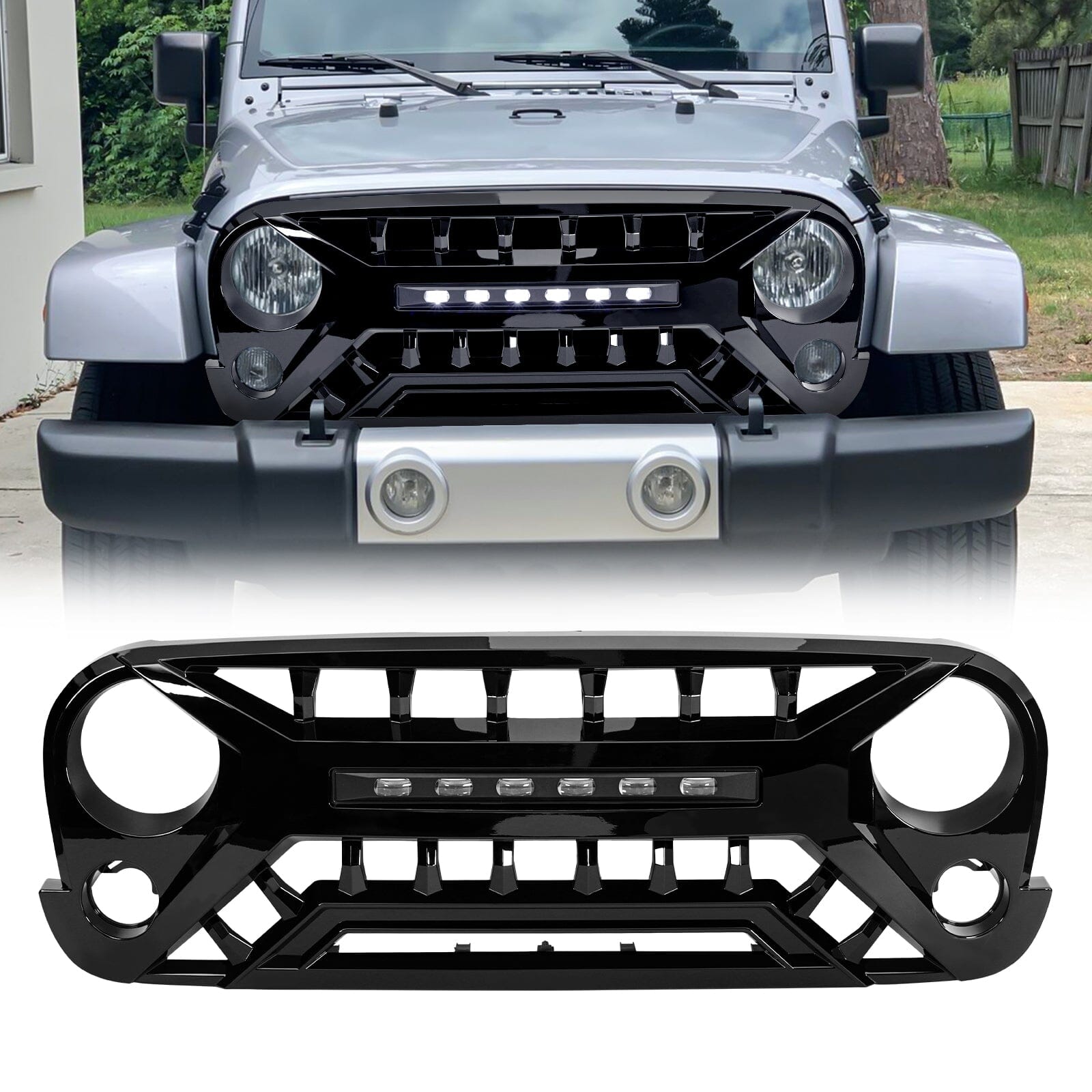 Armor Grille W/ Off-Road Lights - Glossy Black For 07-18 Jeep Wrangler JK