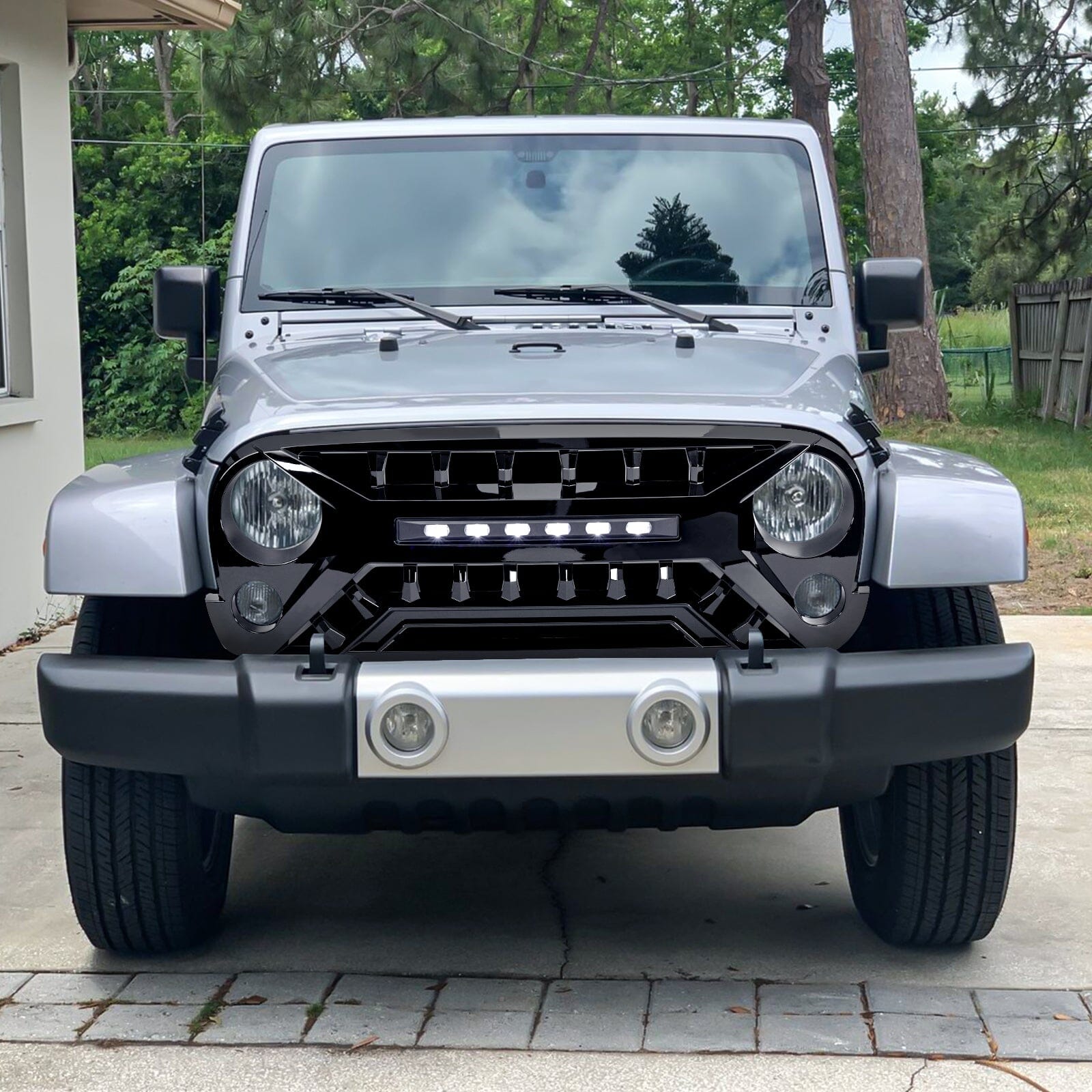 Armor Grille W/ Off-Road Lights - Glossy Black For 07-18 Jeep Wrangler JK