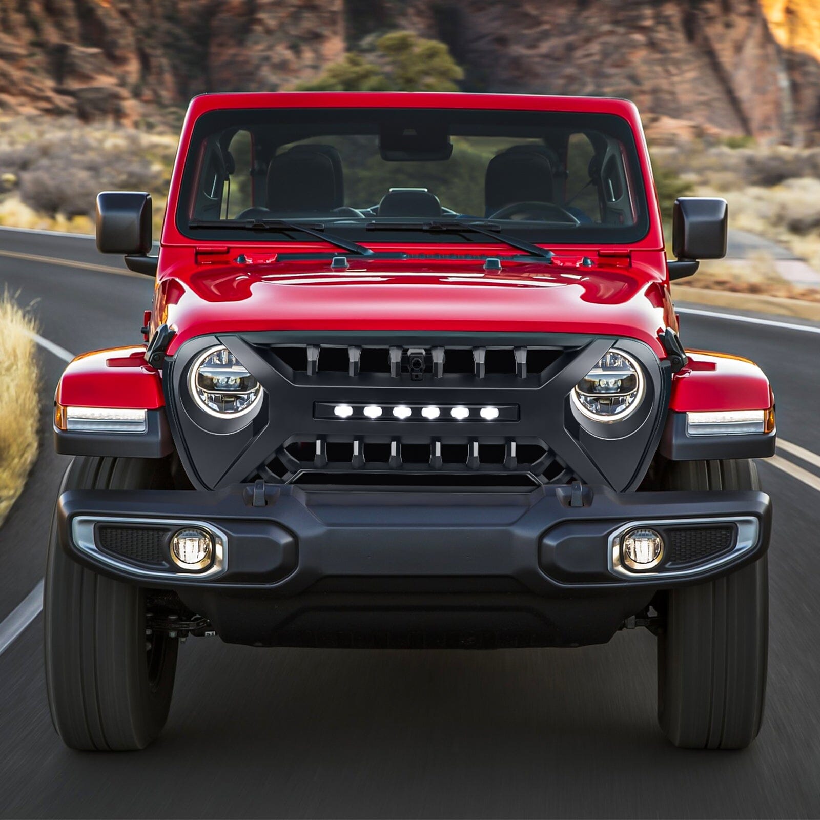 Armor Grille W/ Off-Road Lights - Matte Black For 18-23 Jeep Wrangler JL & Gladiator JT | Amoffroad