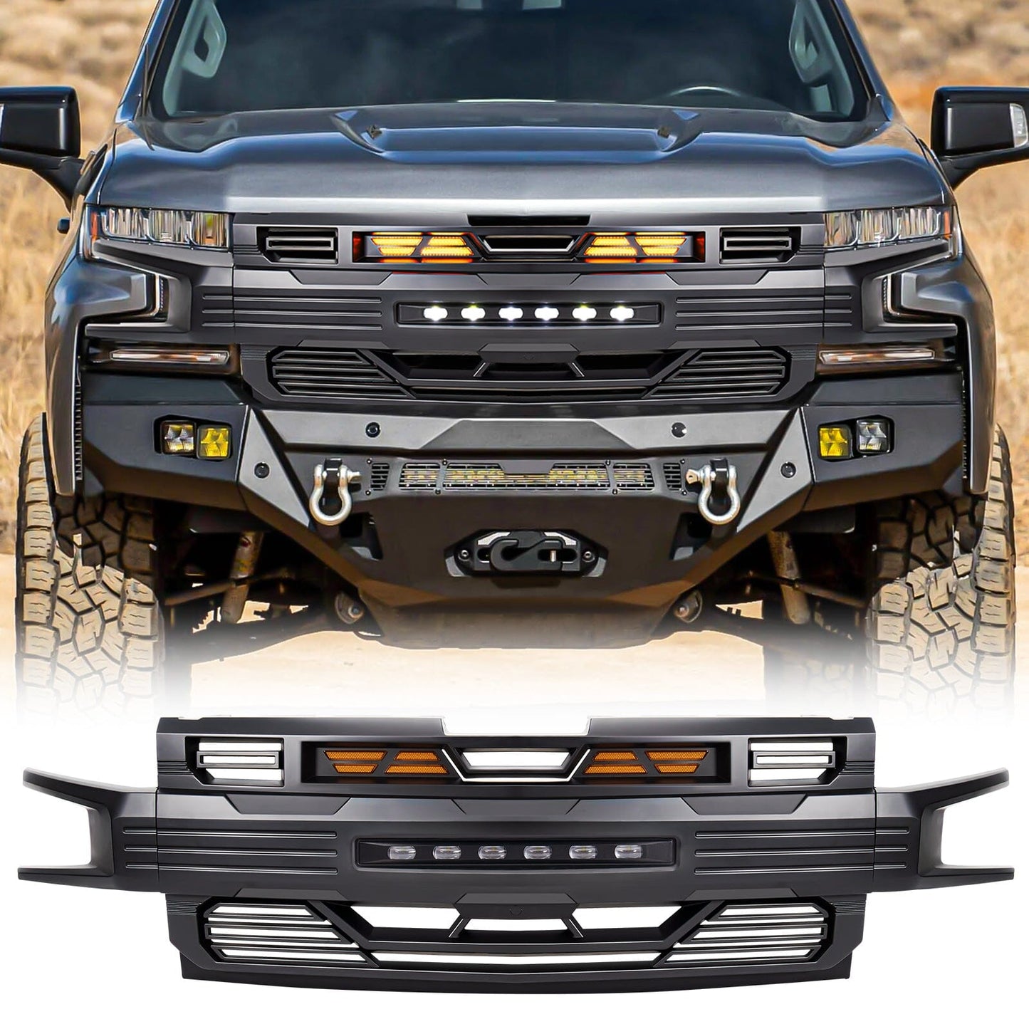 Armor Grille W/ Off-Road Lights - Matte Black For 2019-2021 Chevy Silverado 1500 | Amoffroad