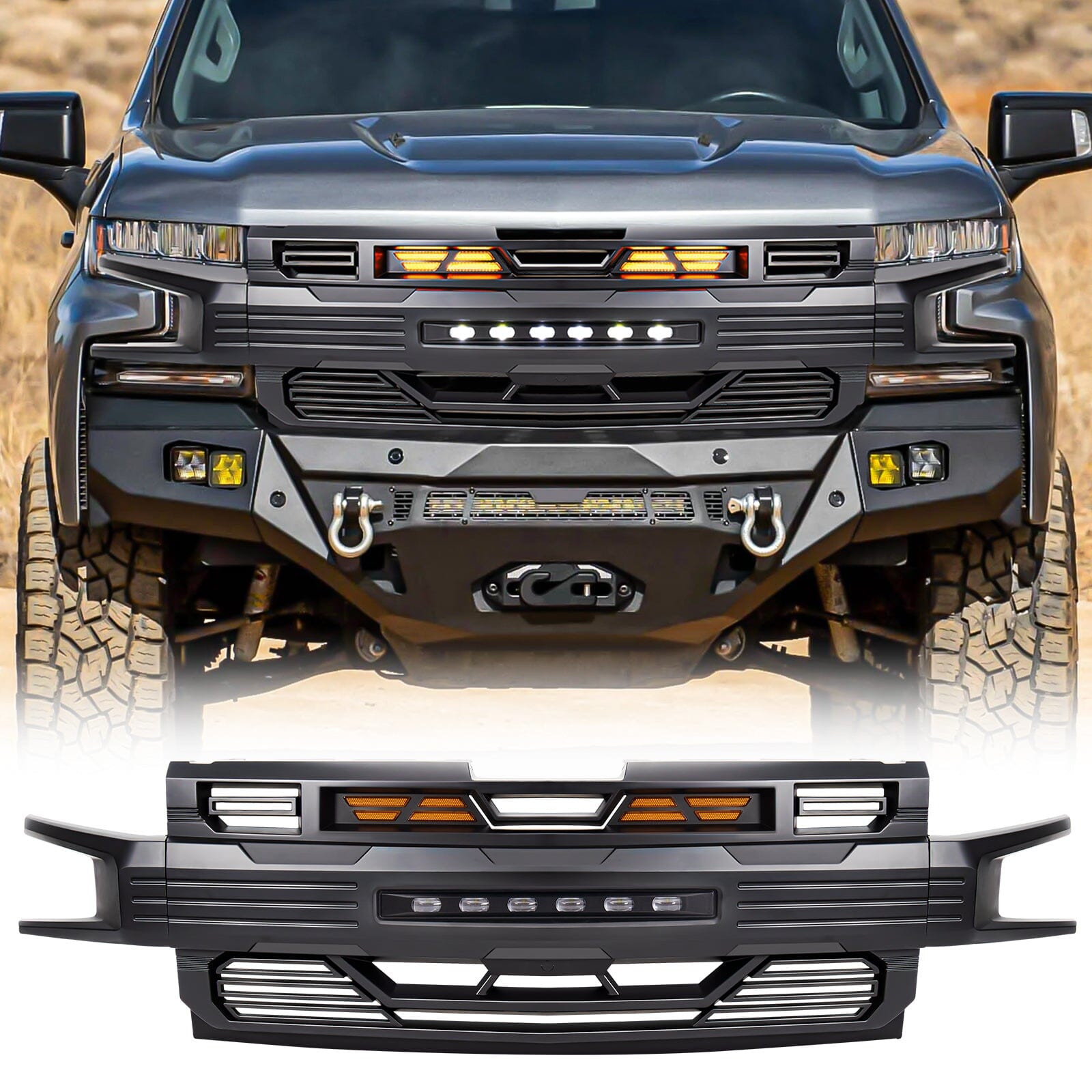 Armor Grille W/ Off-Road Lights - Matte Black For 2019-2021 Chevy Silverado 1500 | Amoffroad