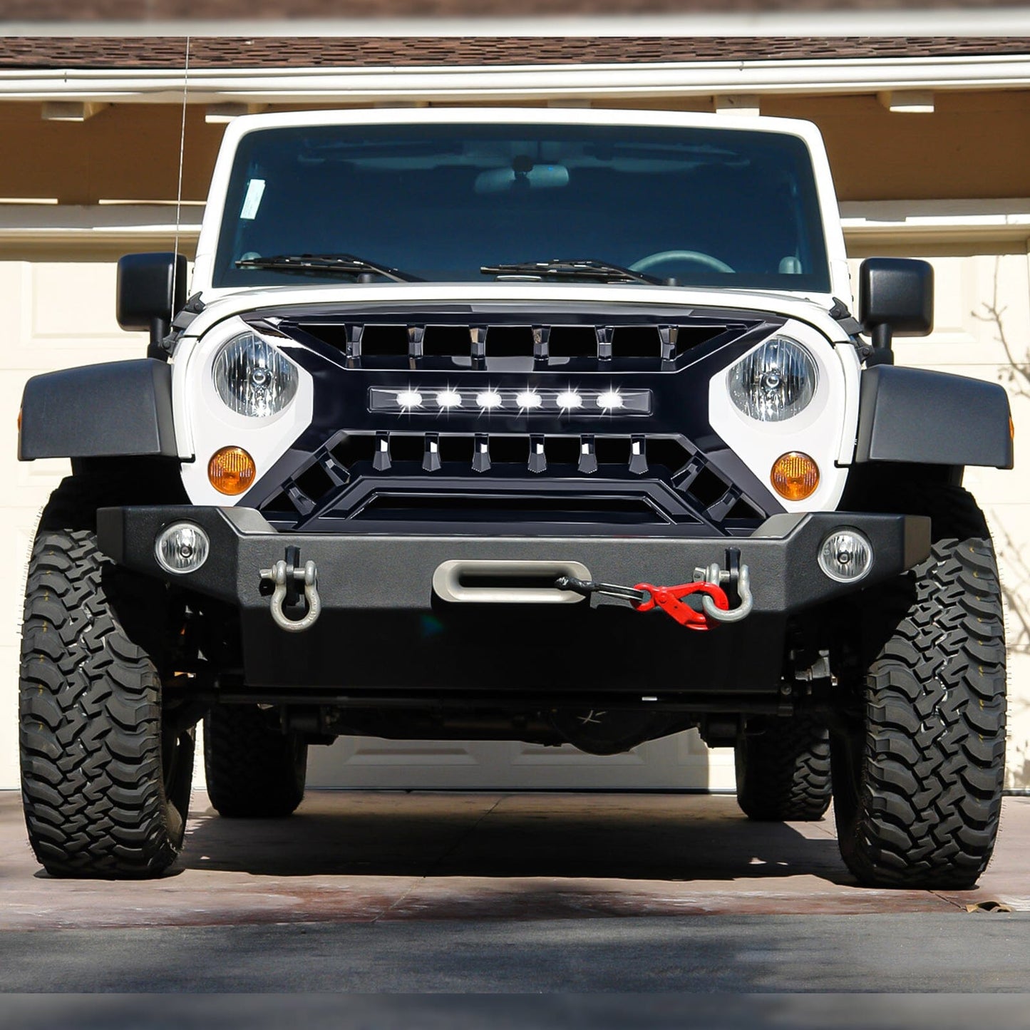 Armor Grille W/ Off-Road Lights - White & Black For 07-18 Jeep Wrangler JK | Amoffroad