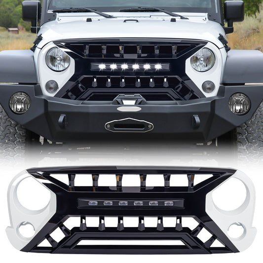 Armor Grille W/ Off-Road Lights - White & Black For 07-18 Jeep Wrangler JK | Amoffroad