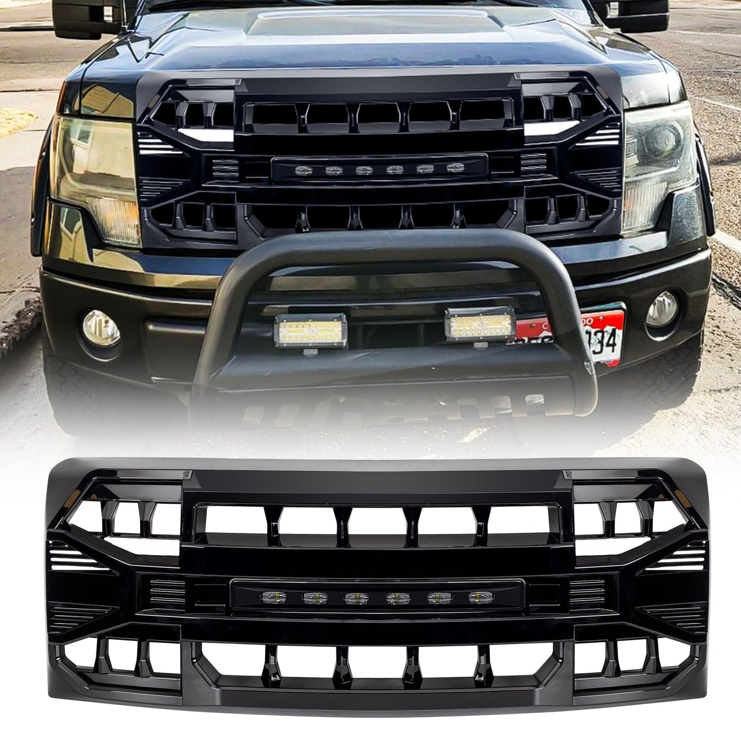 Armor Grille W/Off-Road Lights - Glossy Black For 2009-2014 Ford F150|Amoffroad