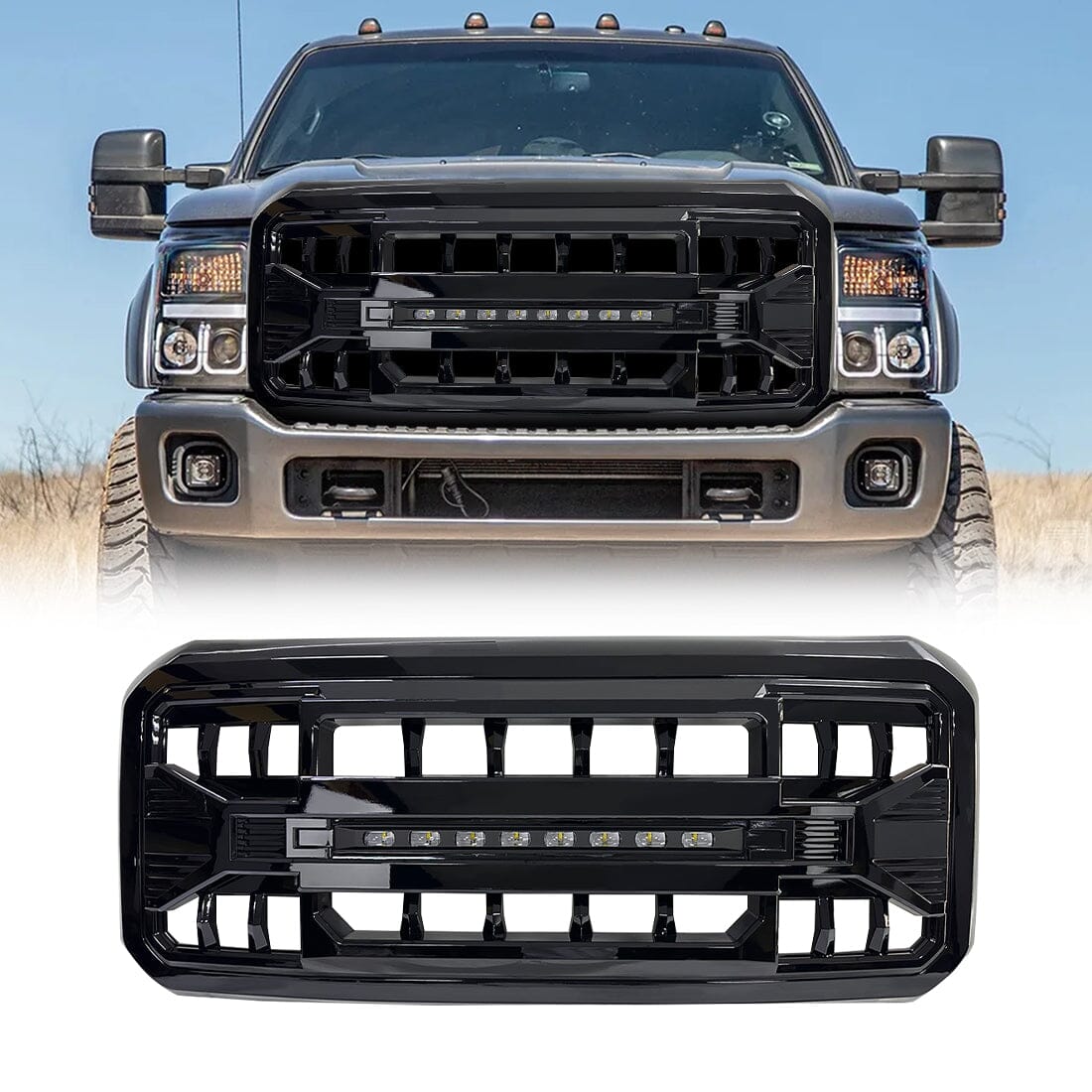 Armor Grille W/Off-Road Lights - Glossy Black For 2011-2016 Ford F250| Amoffroad