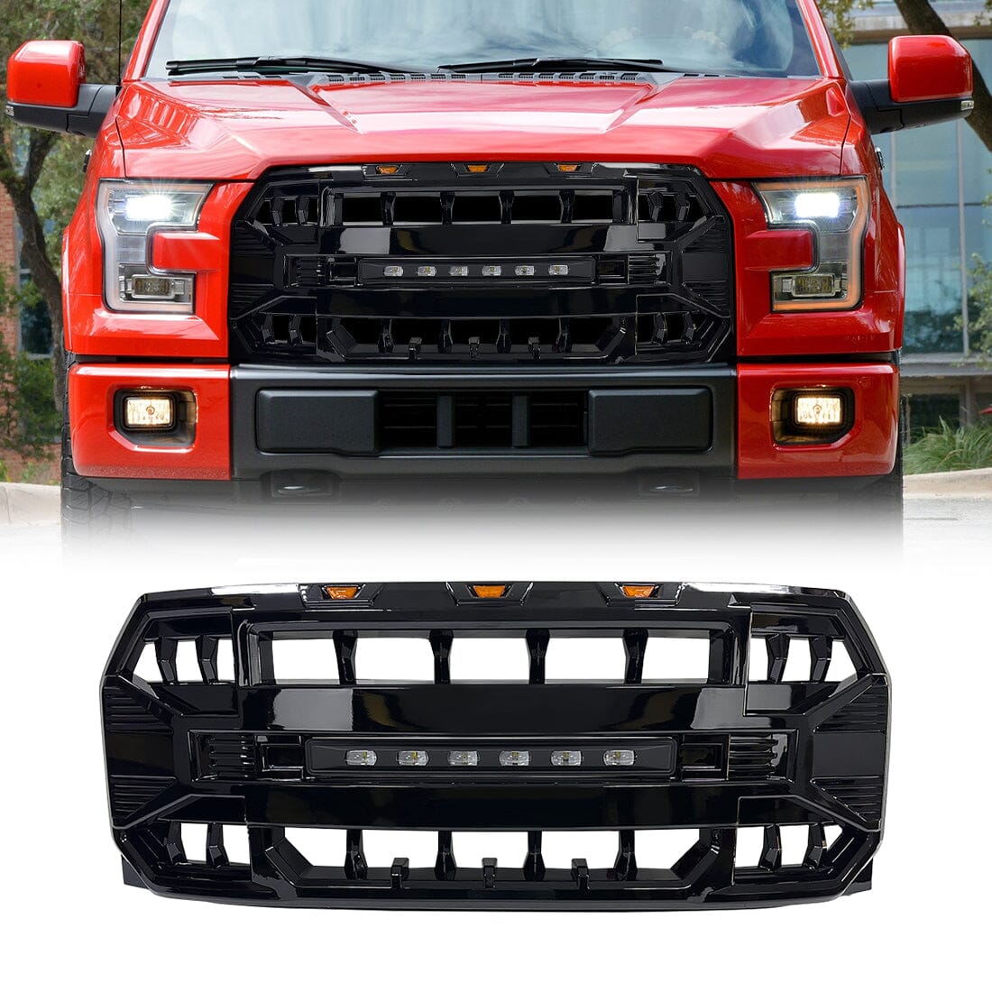 Armor Grille W/Off-Road Lights- Glossy Black For 2015-2017 Ford F150| Amoffroad