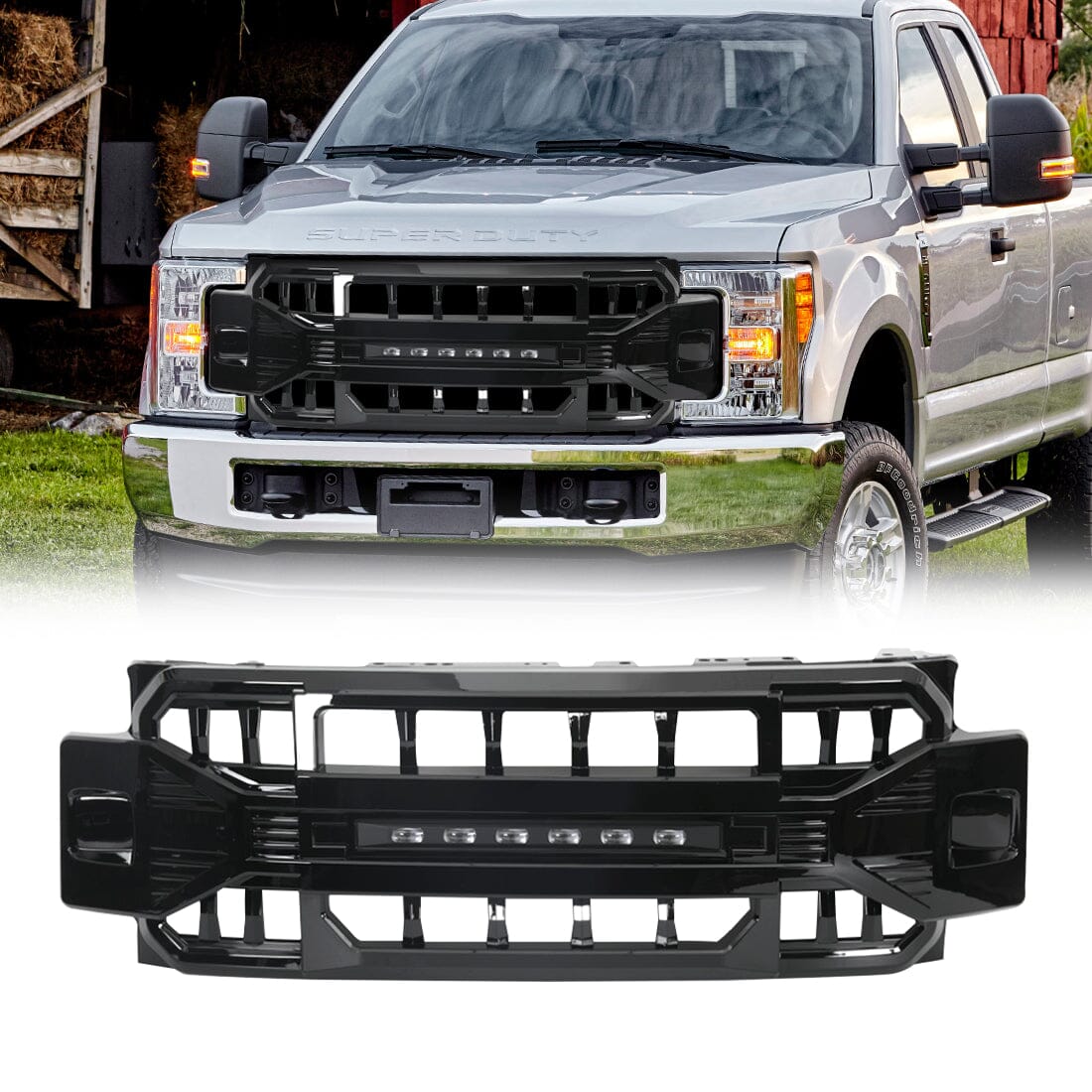 Armor Grille W/Off-Road Lights - Glossy Black For 2017-2019 Ford F250/350| Amoffroad