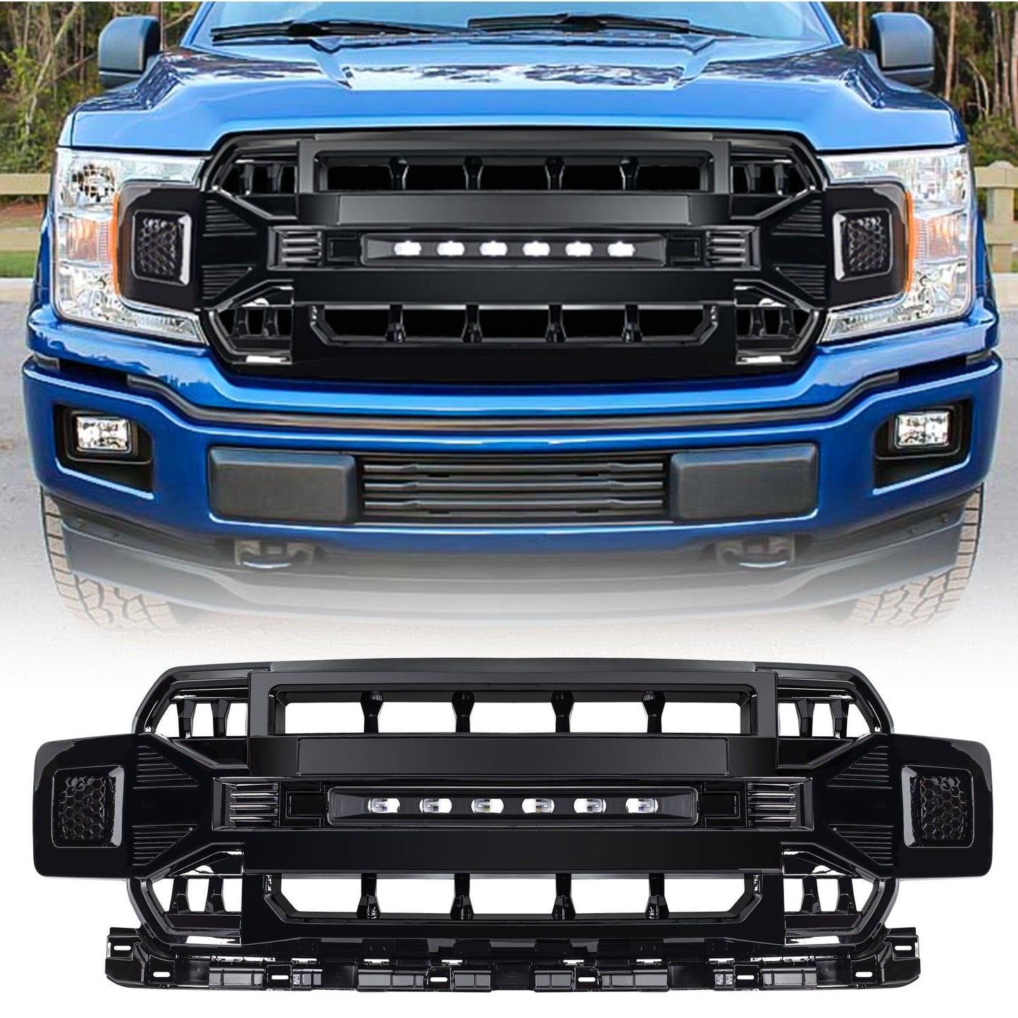 Armor Grille W/Off-Road Lights -Glossy Black For 2018-2020 Ford F150| Amoffroad