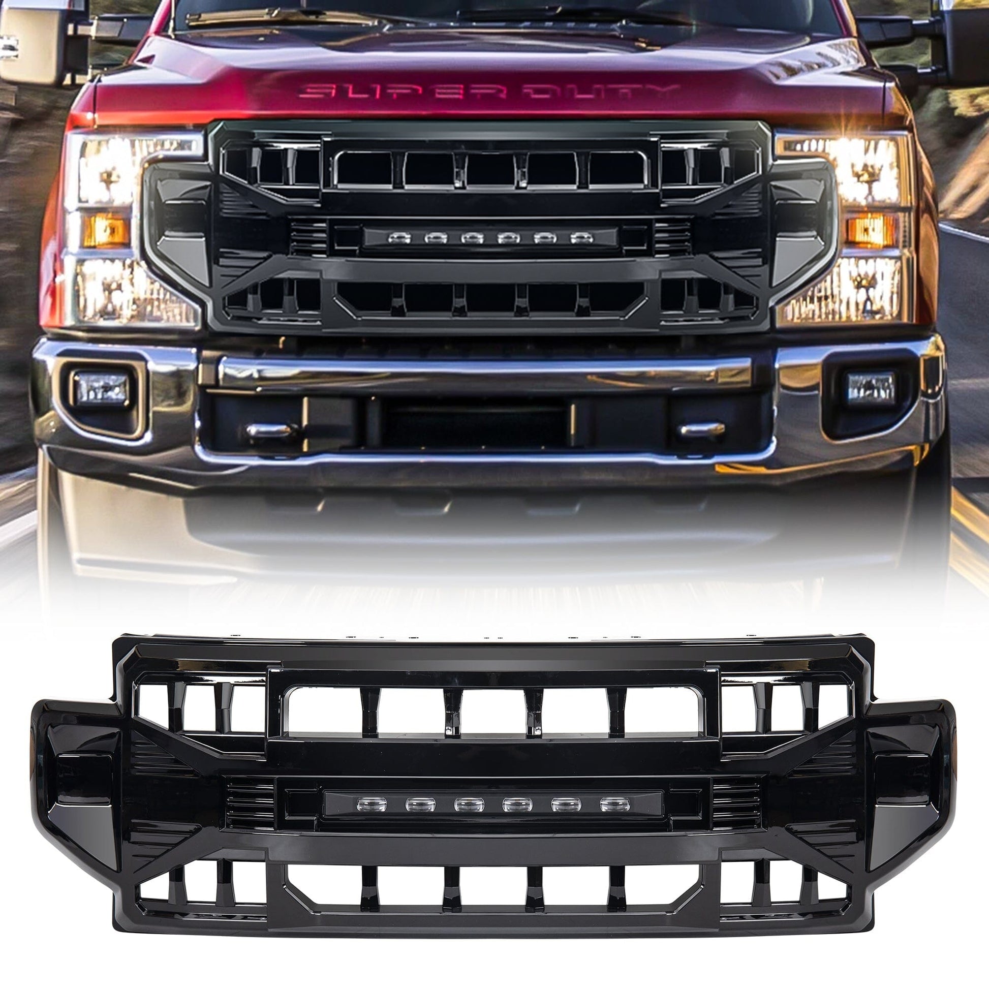 Armor Grille W/Off-Road Lights - Glossy Black For 2020-2022 Ford F250/350| Amoffroad