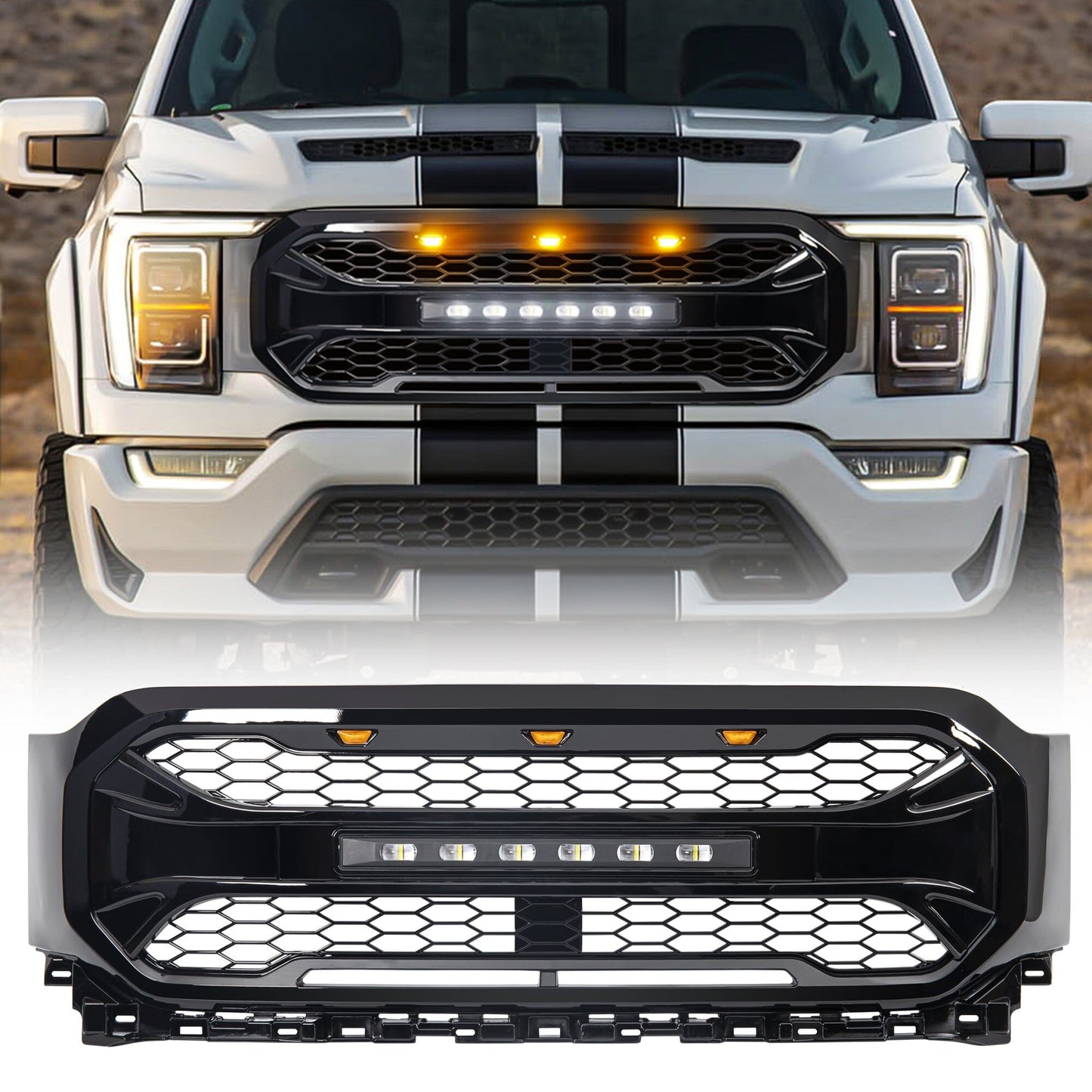 Armor Grille W/Off-Road Lights- Glossy Black For 2021-2023 Ford F150| Amoffroad