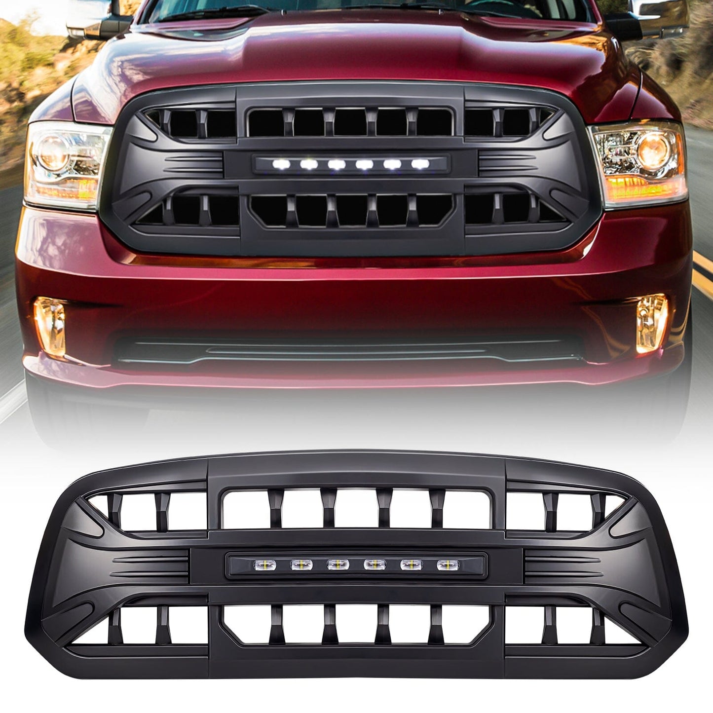 ARMOR Grille W/Off-Road Lights-Matte Black For 2013-2018 Dodge Ram 1500 | Amoffroad