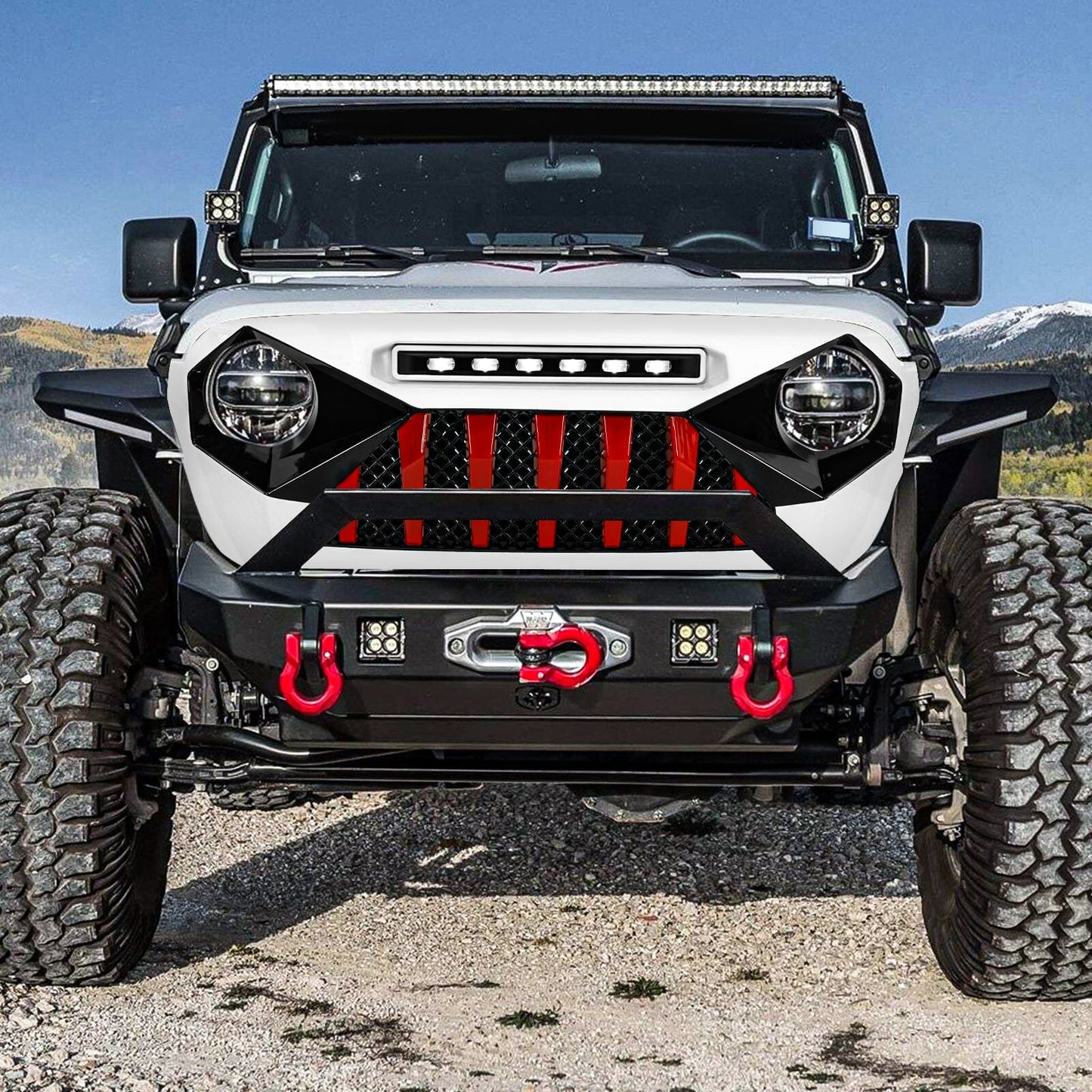 Demon Grille W/ Led Off-Road Lights - Red & White & Black For 18+ Jeep Wrangler JL & Gladiator JT W/O Trailcam | Amoffroad