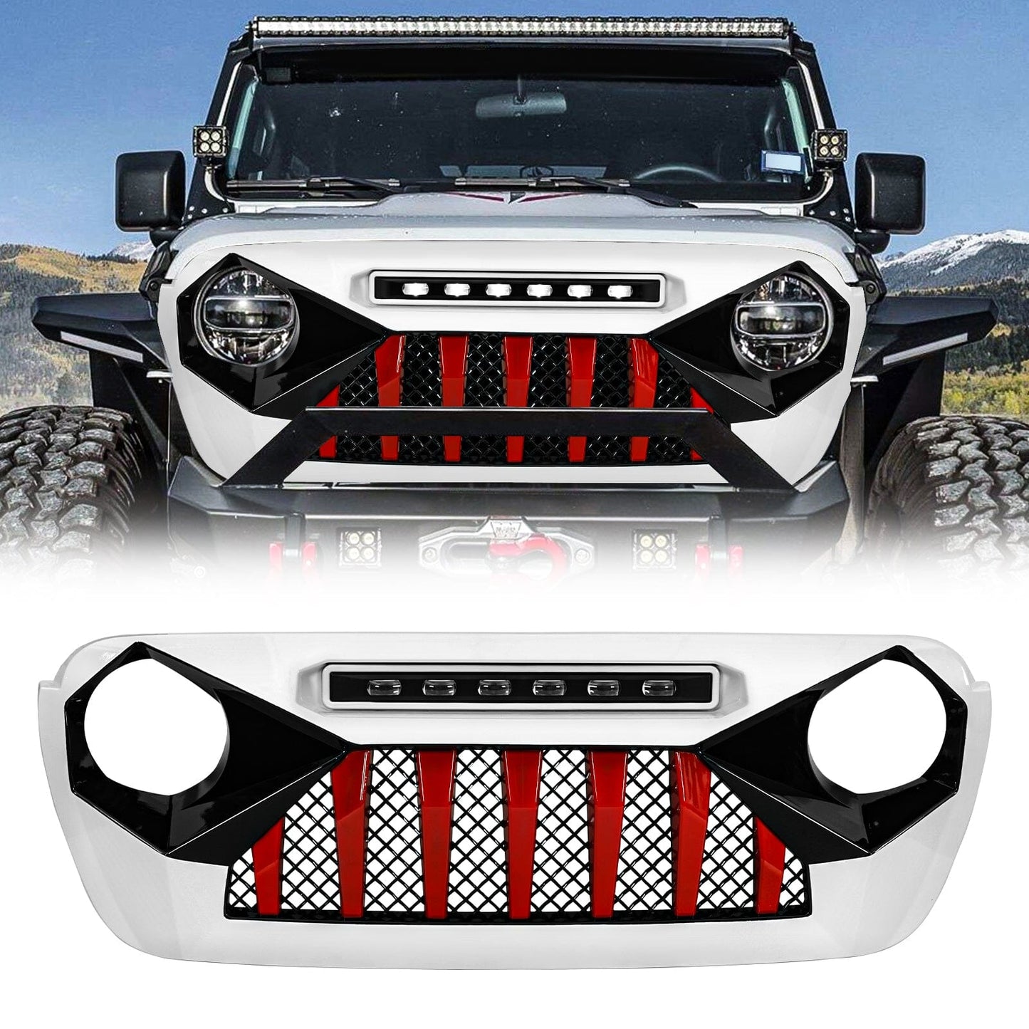 Demon Grille W/ Led Off-Road Lights - Red & White & Black For 18+ Jeep Wrangler JL & Gladiator JT W/O Trailcam | Amoffroad