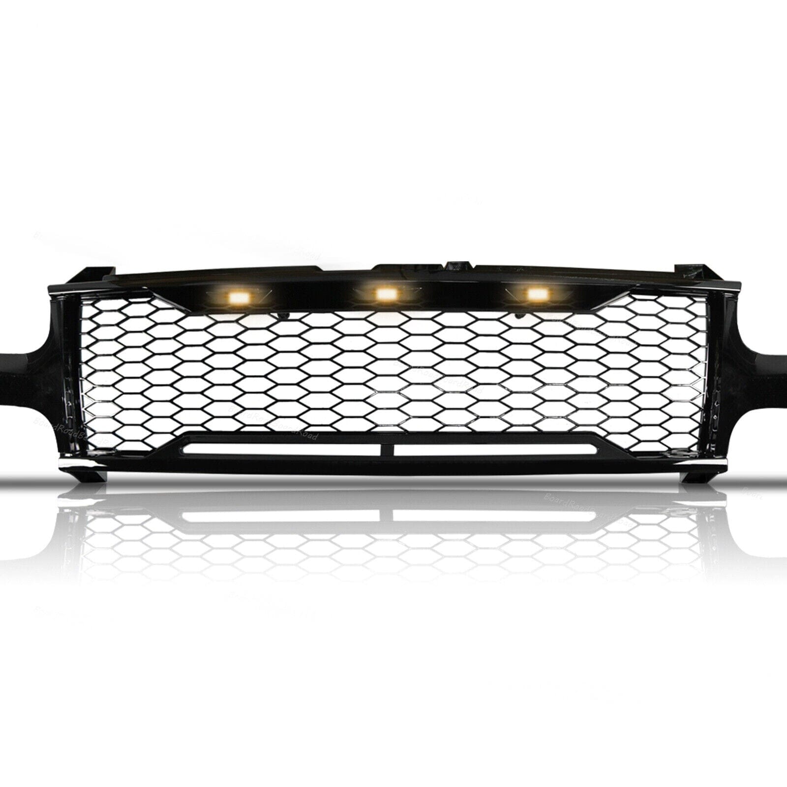 Front Grille W/Amber Lights- Glossy Black For 99-02 Chevy Silverado