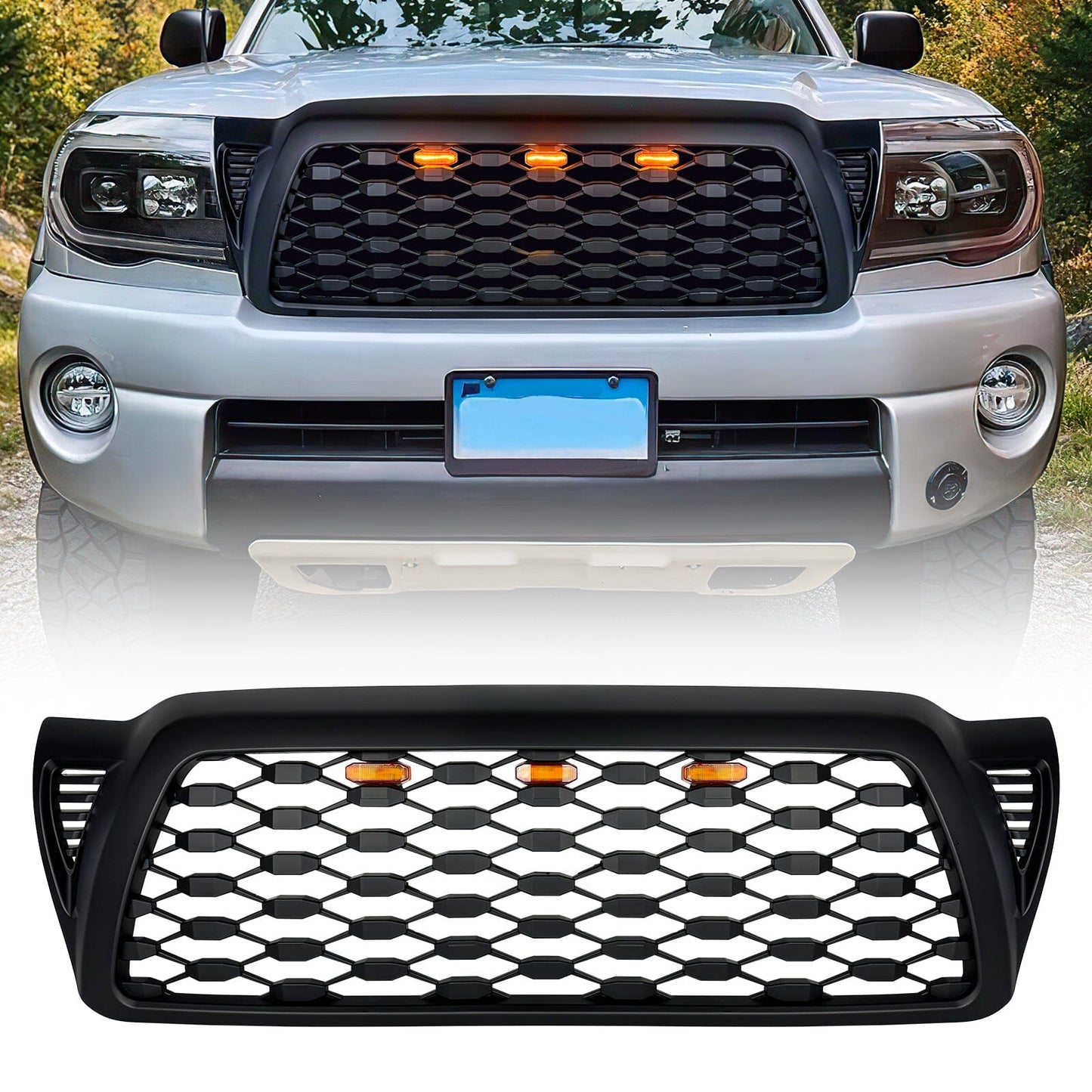 Front Mesh Grille W/ Amber Lights - Matte Black For 2005-2011 Toyota Tacoma | Amoffroad