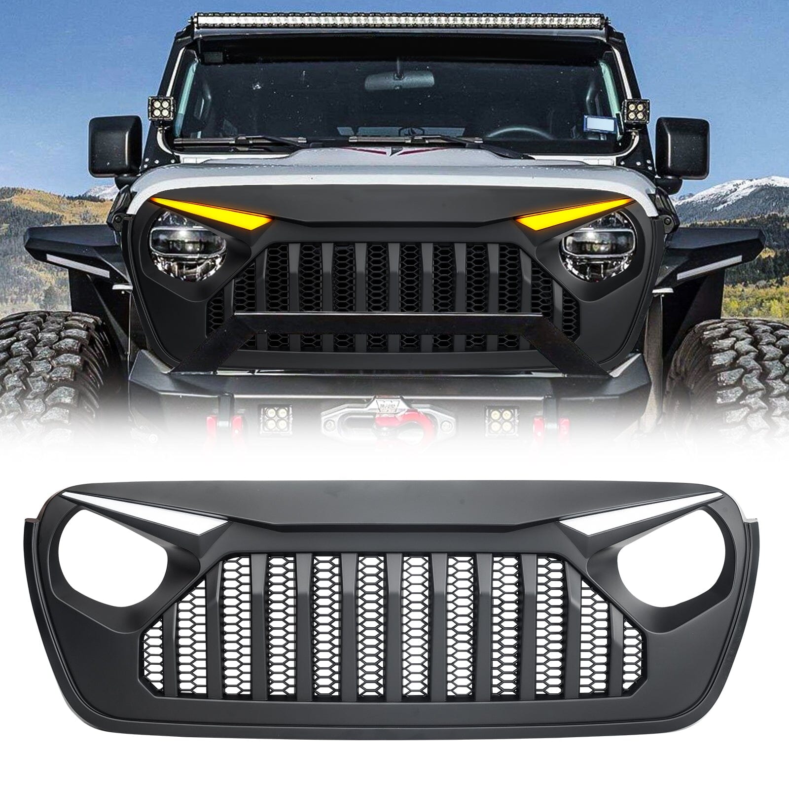 Gladiator Vader Grille W/ LED Eyebrow DRL and Turn Signals - Matte Black For 18+ Jeep Wrangler JL & Gladiator JT W/O Trailcam | Amoffroad