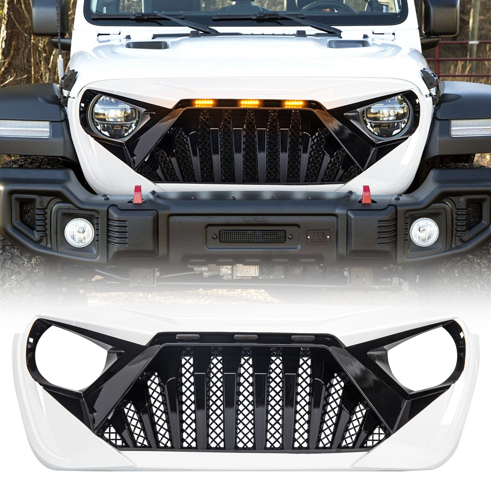 Goliath Grille W/ Amber Led Running Lights For 18-23 Jeep Wrangler Jl & Gladiator Jt - White & Black|Amoffroad