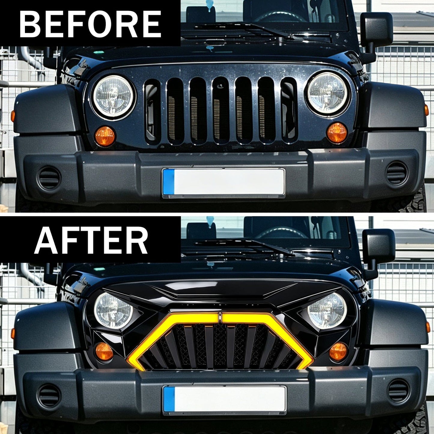 Goliath Grille W/ LED DRL and Turn Signals - Glossy Black For 07-18 Jeep Wrangler JK | Amoffroad