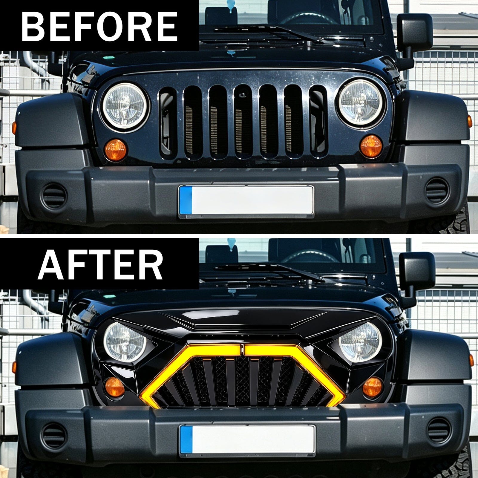 Goliath Grille W/ LED DRL and Turn Signals - Glossy Black For 07-18 Jeep Wrangler JK | Amoffroad