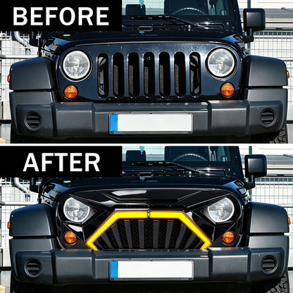 Goliath Grille W/ LED DRL and Turn Signals - Glossy Black For 07-18 Jeep Wrangler JK | Amoffroad