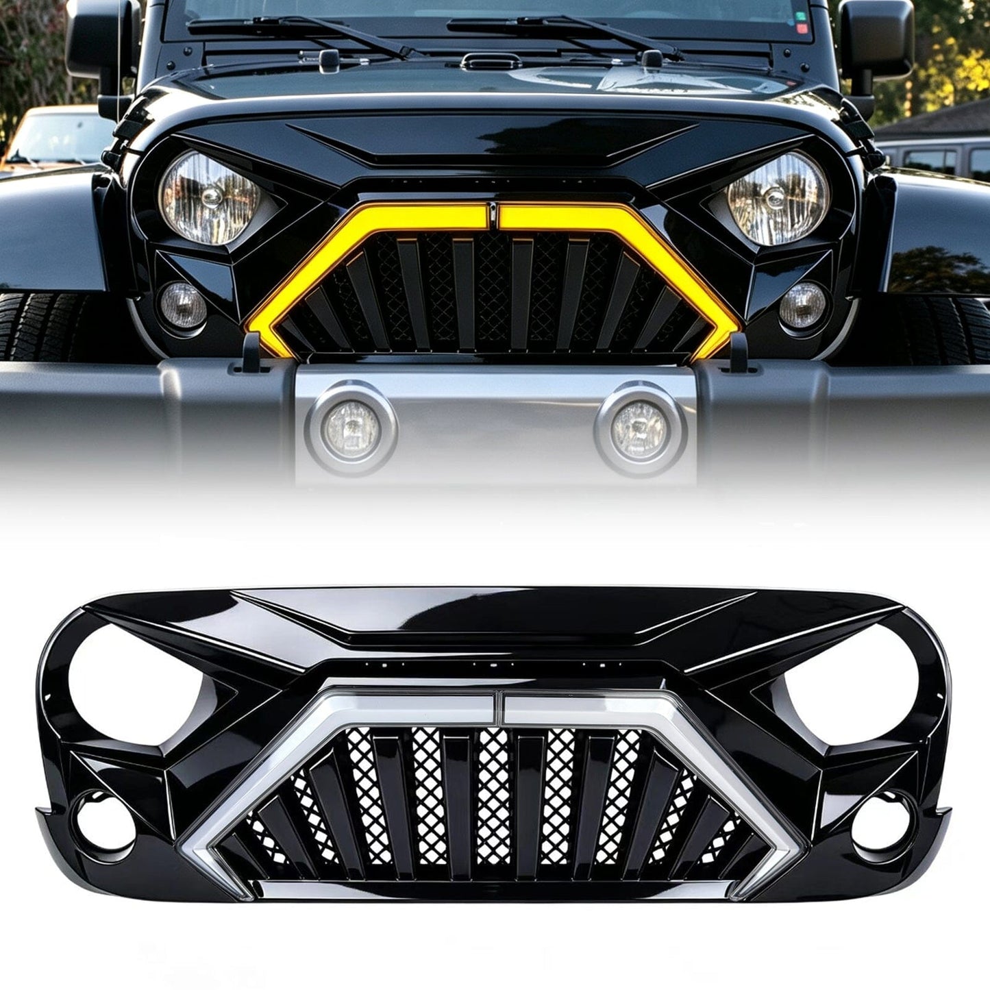 Goliath Grille W/ LED DRL and Turn Signals - Glossy Black For 07-18 Jeep Wrangler JK | Amoffroad