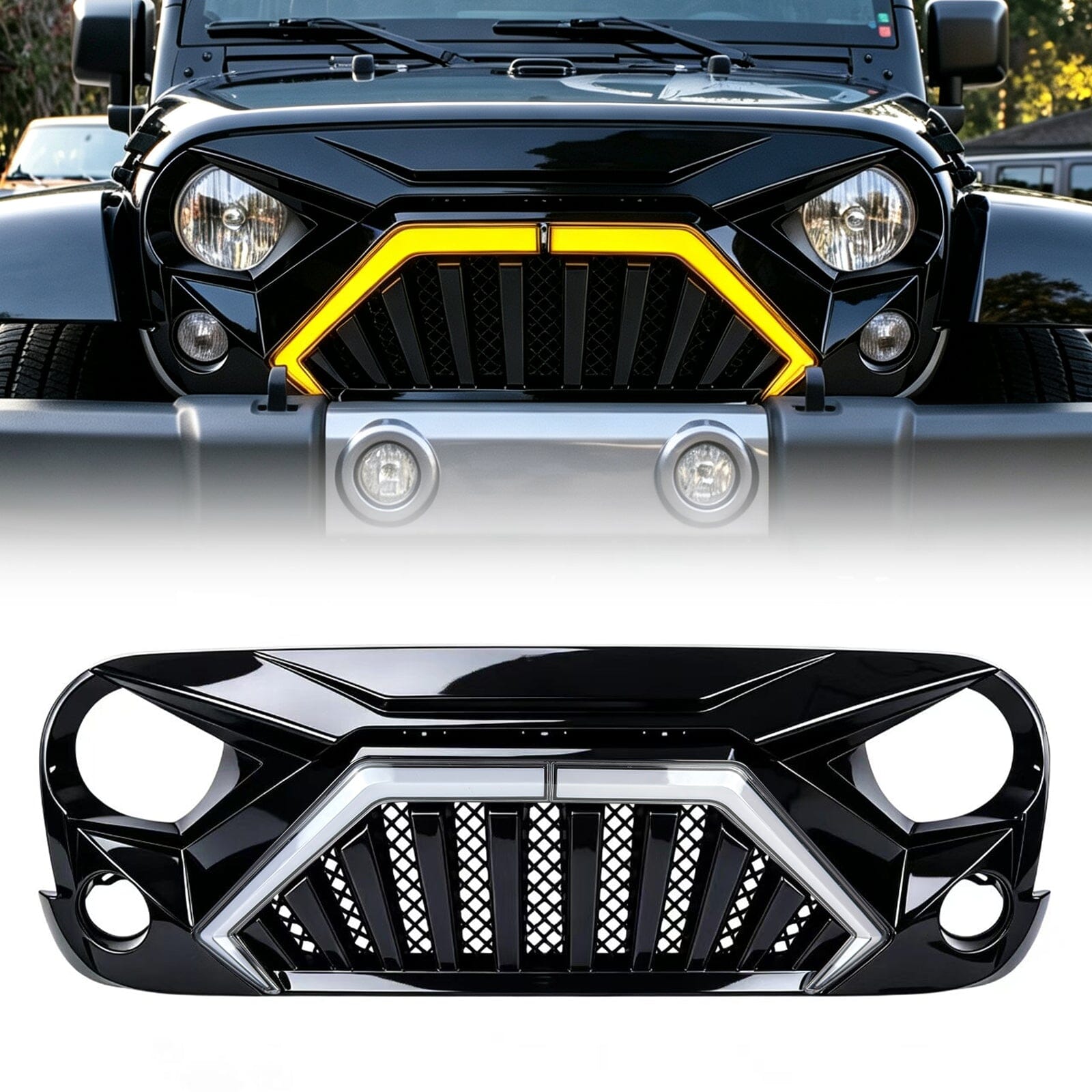 Goliath Grille W/ LED DRL and Turn Signals - Glossy Black For 07-18 Jeep Wrangler JK | Amoffroad
