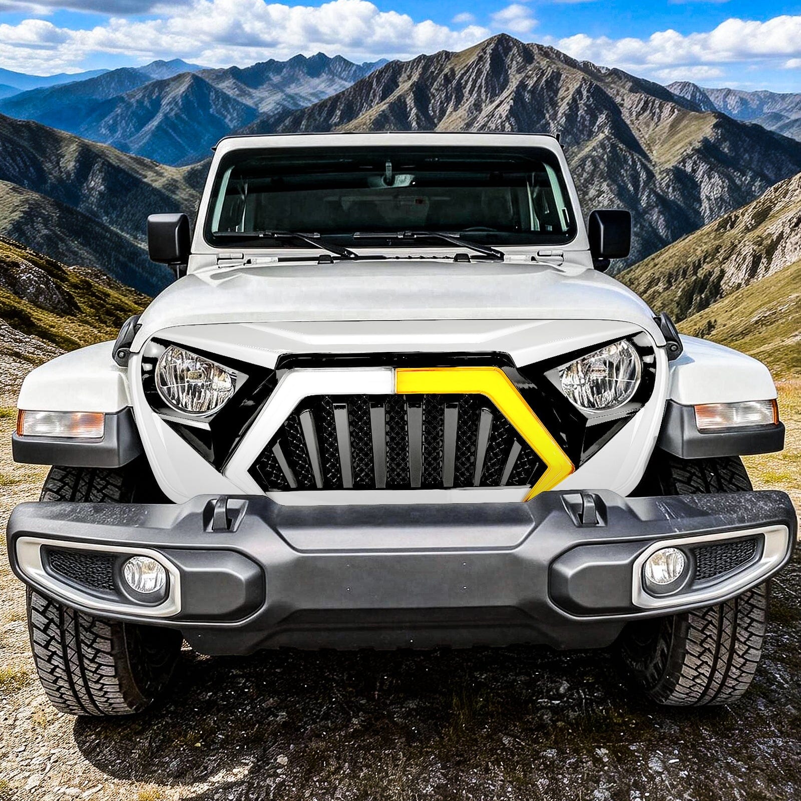 Goliath Grille W/ LED DRL and Turn Signals - White & Black For 18+