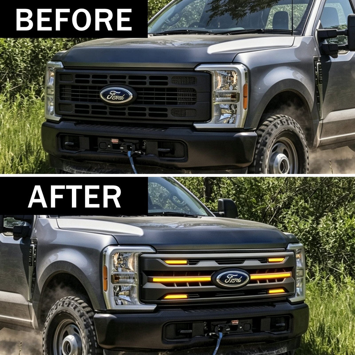 LED Armor Grille w/ DRL, Amber Lights & OEM Emblem Hole - Matte Black For 2023-2027 Ford F-250 / F-350 Super Duty XL / XLT| Amoffroad